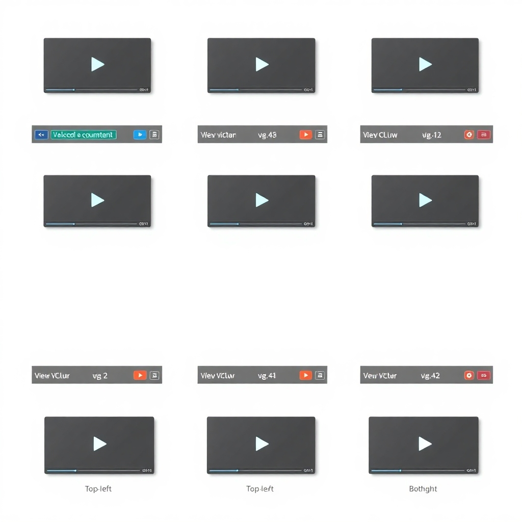 A high-resolution image showcasing several variations of the interactive video player. Each variation displays different button colors (e.g., blue, green, red), text styles, and positions (top-left, bottom-right). The background should be a neutral color to highlight the customization options. The image should convey a sense of brand consistency and flexibility.