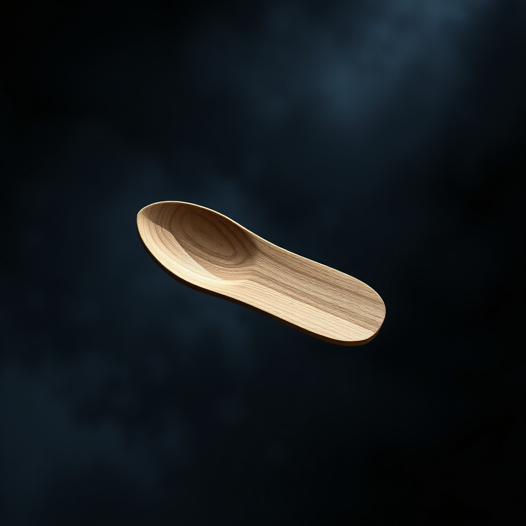 A highly stylized, artistic image of a single wood look utensil (perhaps a spoon or spatula) floating in a dark, atmospheric space. The utensil is illuminated by a single spotlight, emphasizing its texture and form. The background is blurred and indistinct. The image should convey a sense of artistry and elegance. 8k resolution.