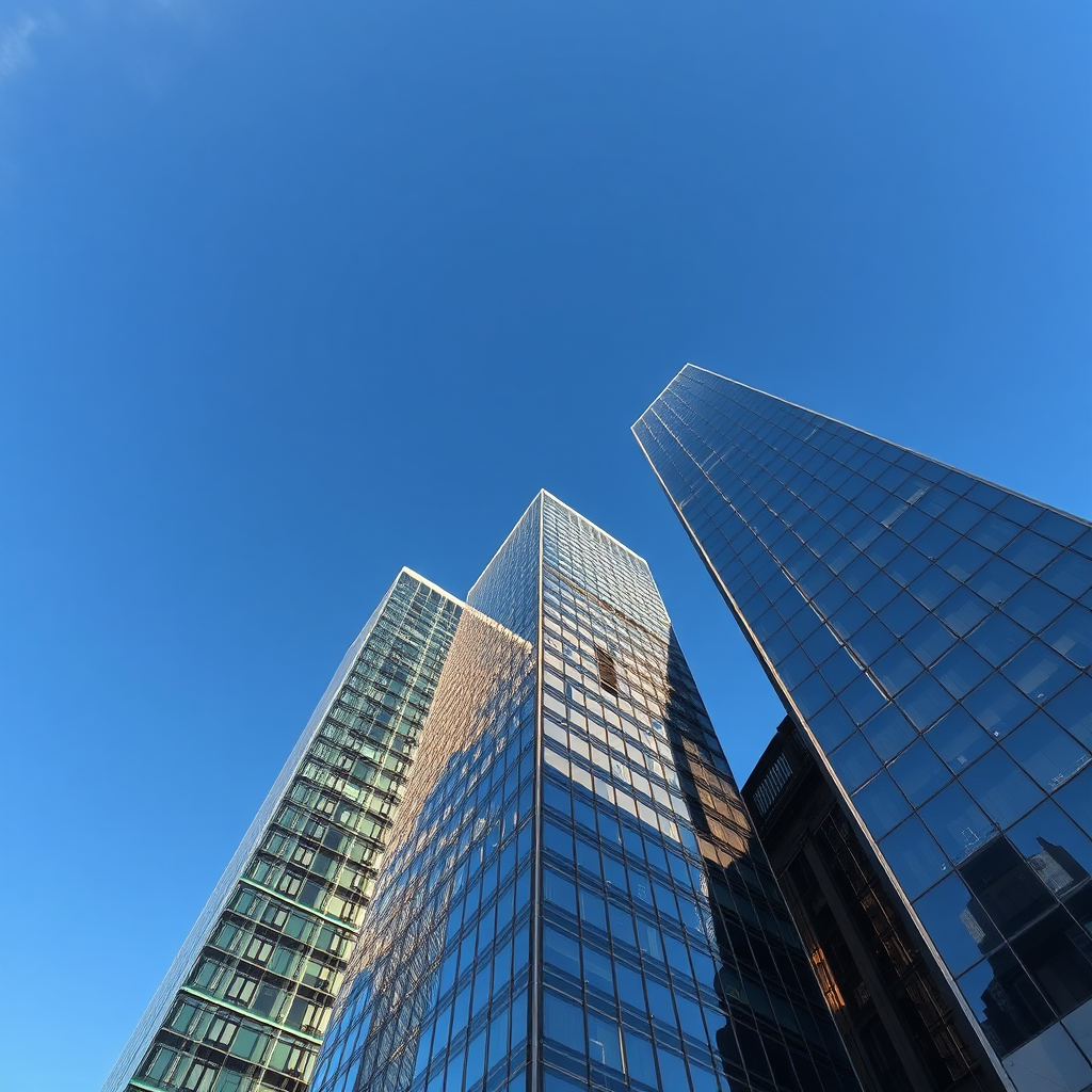 Modern glass skyscrapers against blue sky