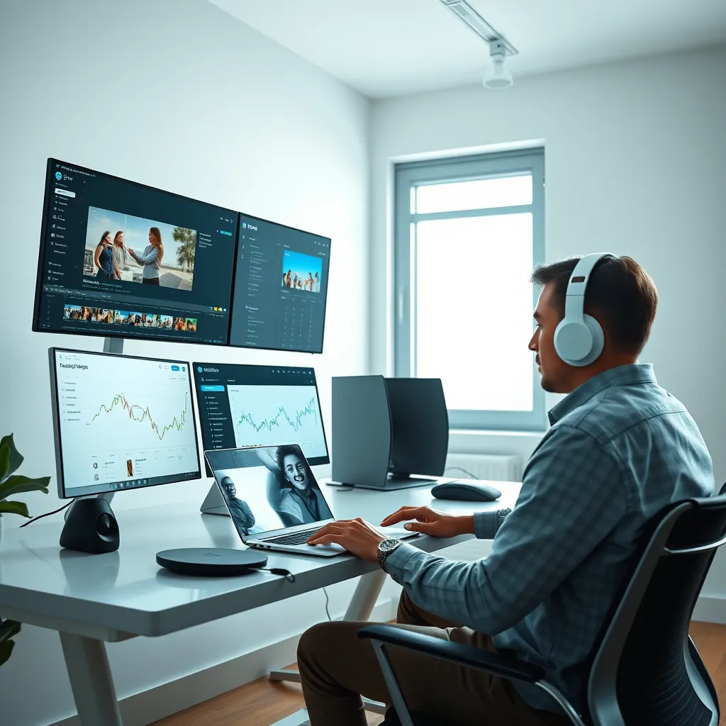 Bir masada oturan, video düzenleme yazılımı, proje yönetim aracı ve pazarlama analitiği gösteren birden fazla ekrana sahip bir dizüstü bilgisayar kullanan bir kişinin bulunduğu modern bir ofis çalışma alanı. Oda kredisi ve minimalisttir, büyük bir pencereden doğal ışık akar. Kişi kulaklık takmış ve çözüme odaklanmış görünüyor.
