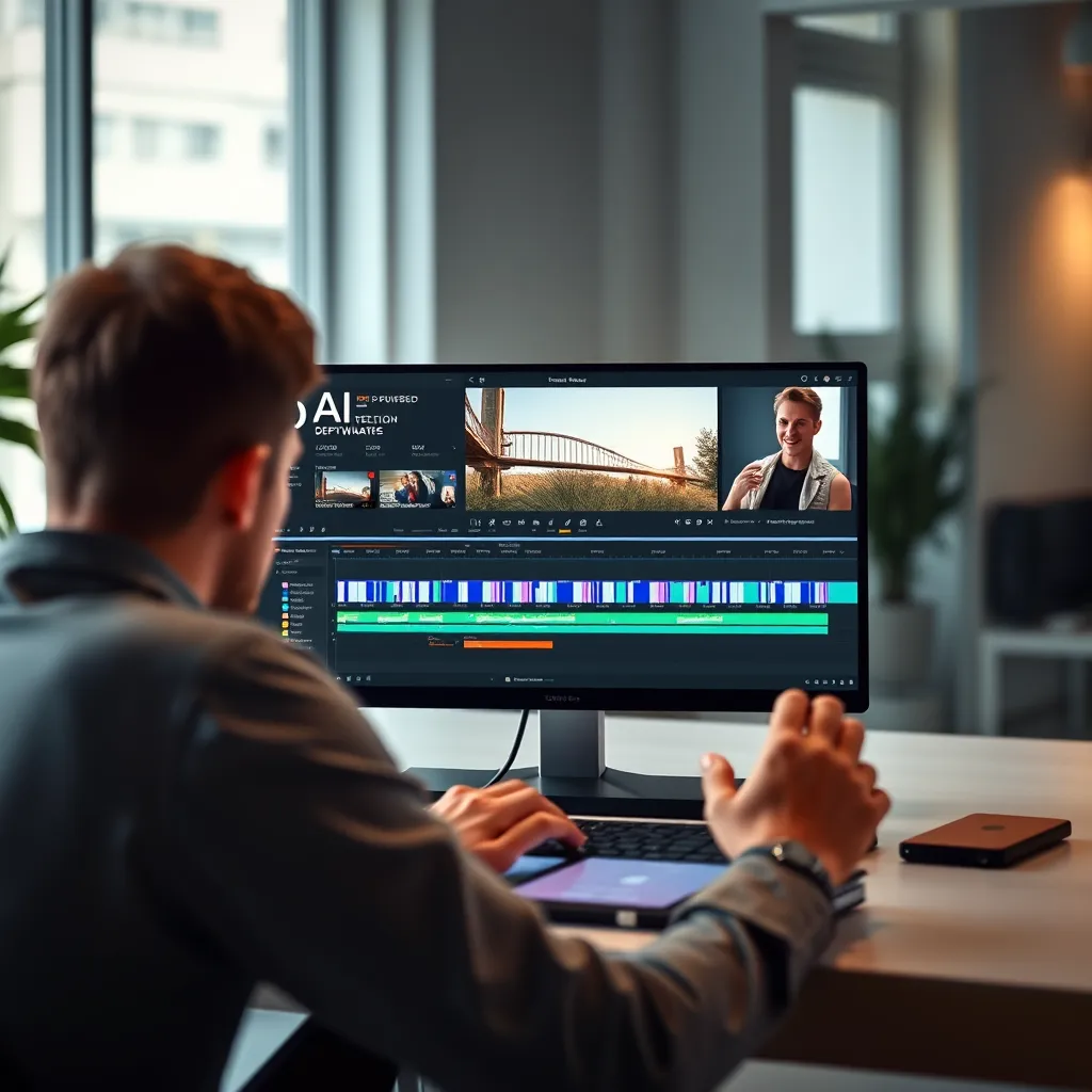 Bir kişinin dizüstü bilgisayarında kullandığı, ekranda otomatik sahne algılama ve renk derecelendirme gibi yapay zeka tabanlı bilgisayara sahip bir video yazılımının görüntülendiği modern bir çalışma alanı. Arka plan parlak ve modern olmalı, öğrenilme sürecinin kolaylığını ve rahatlığını bulunmalıdır.