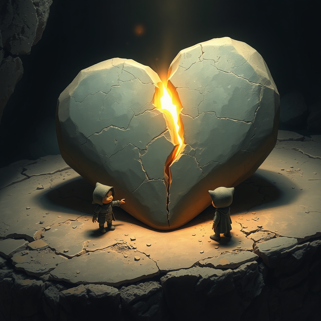 A cracked heart-stone with two worried crafters.