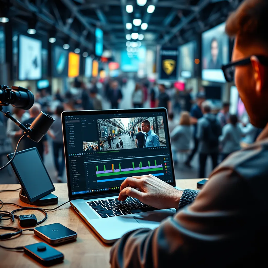 A person effortlessly editing a video on a laptop with a user-friendly interface, surrounded by tools and features that simplify the process. The image should convey a sense of speed and efficiency, with a clean and modern design. The background could depict a busy studio or a bustling city, emphasizing the ability to work efficiently in any environment.