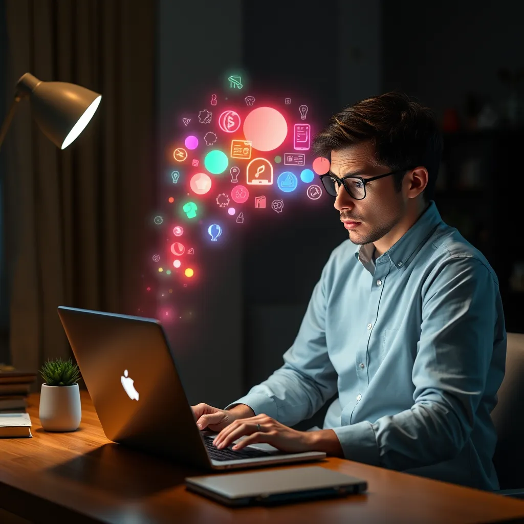 A person sitting at a desk with a laptop, looking frustrated and staring at a blank screen. A glowing AI assistant emerges from the laptop, offering a colorful palette of ideas and inspiration to the person.