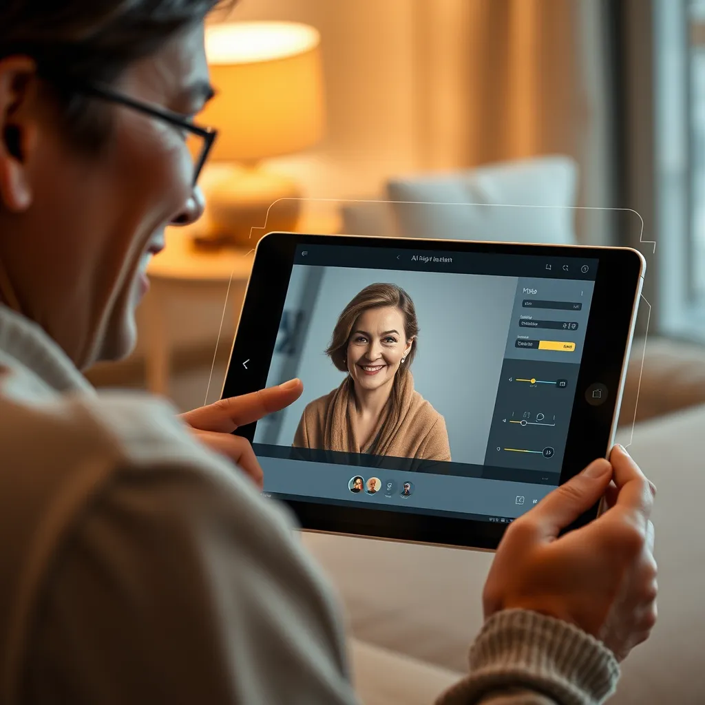 A person using a tablet to edit a photo, with an AI assistant overlayed on the screen, suggesting color adjustments, cropping, and other enhancements, while the person smiles with satisfaction.
