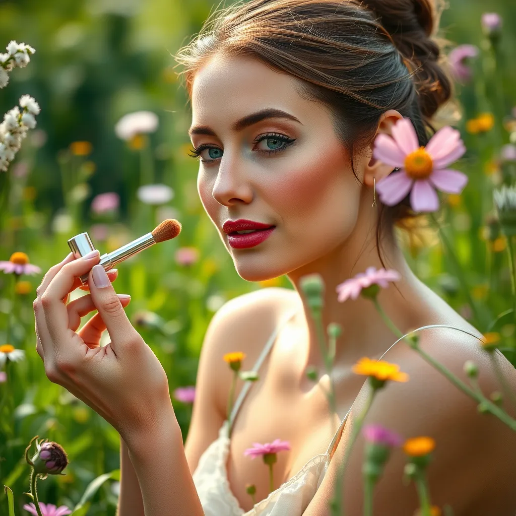 Yabani çiçeklerle çevrili yemyeşil bir bahçede Oriflame makyajı uygulayan bir kadının fotoğrafı. Görüntü doğal güzellik ve sürdürülebilirlik duygusunu yansıtmalıdır.