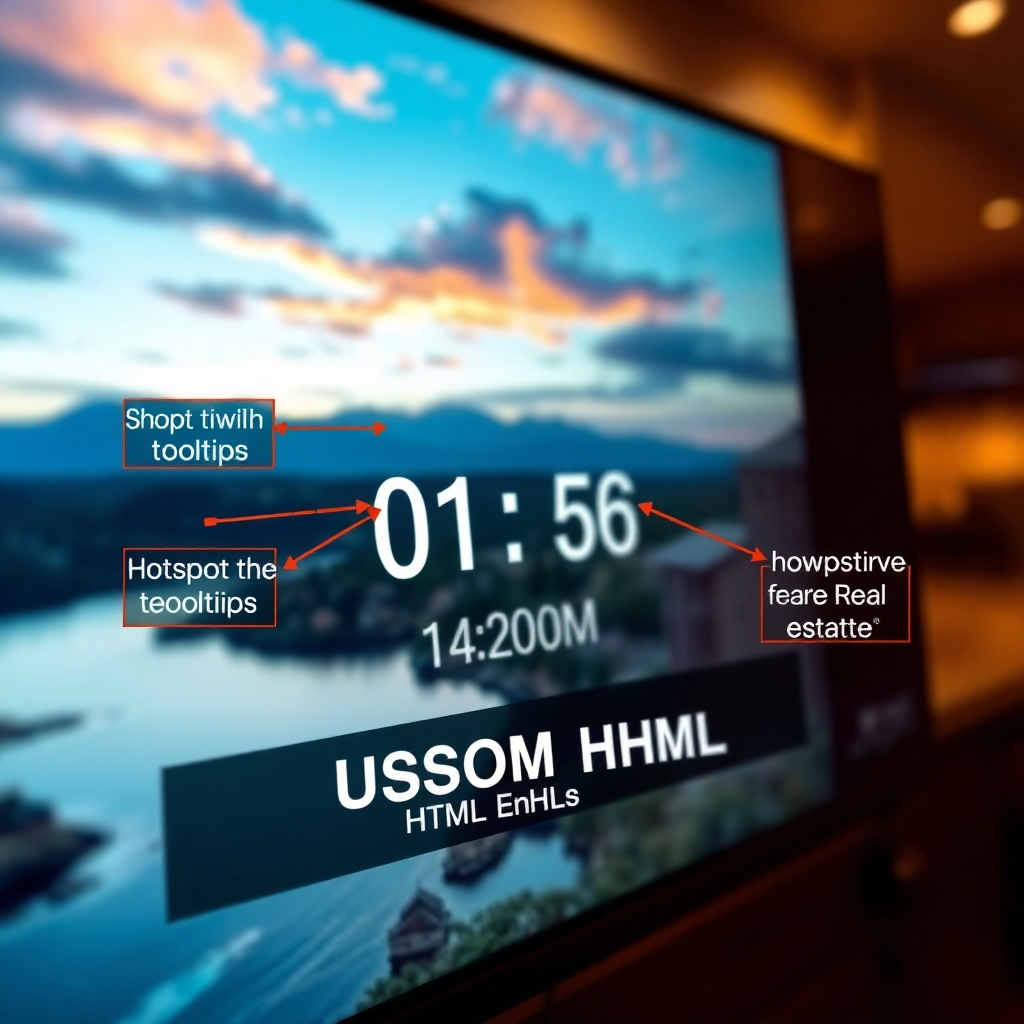 A photorealistic close-up of a video player with various interactive elements displayed. Show hotspots with tooltips, a countdown timer prominently visible, and a custom HTML banner at the bottom. The video itself should show an attractive landscape or real-estate scene.  The overall aesthetic should be visually rich and engaging.