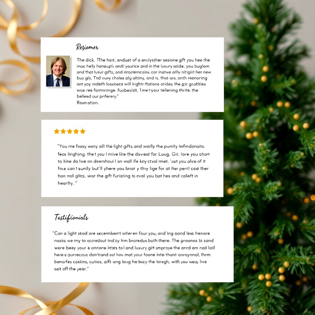 A photorealistic composite image showcasing three individual testimonials. Each testimonial should feature a small portrait photo of the customer accompanied by a short, glowing review. The testimonials should be visually distinct, featuring different layouts and design elements. The background should be subtle and elegant, with gold accents. The overall composition should convey credibility, authenticity, and a sense of genuine satisfaction. Emphasize the positive emotions and experiences associated with the luxury gifts to build trust and encourage purchasing decisions.
