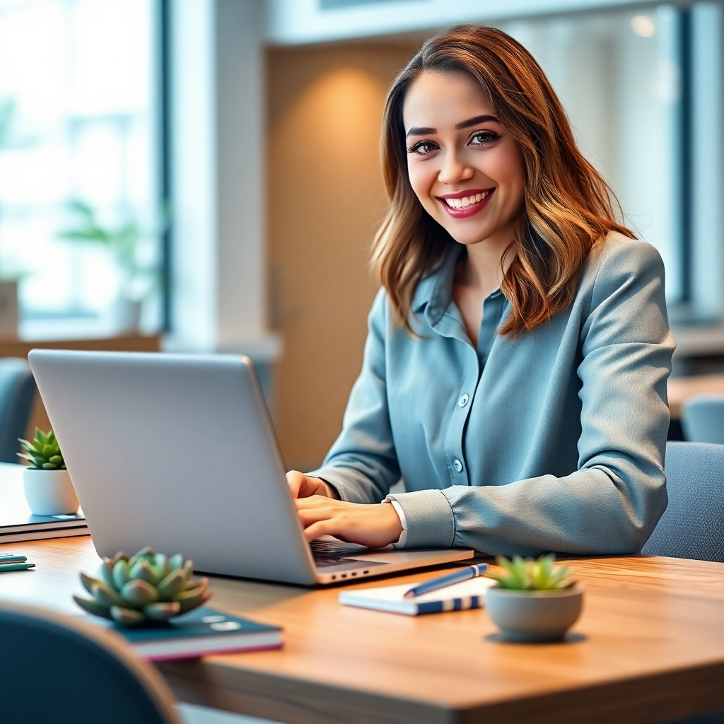 A photorealistic image, 8K resolution, hyperrealistic detail.  A young, enthusiastic businesswoman is using a sleek, modern video creation software on a high-end laptop. The interface is clean and intuitive, showing a drag-and-drop style. Soft, diffused lighting illuminates the scene, creating a calming and productive atmosphere. The color palette is bright and modern, with accents of teal and white. The camera angle is slightly elevated, looking down at the businesswoman from a three-quarter perspective. The laptop is on a minimalist wooden desk, with a scattered collection of stylish stationery and a modern succulent plant. The background is a blurred, bokeh-style office setting, suggesting a modern, professional workspace.  The overall mood is energetic and positive. The style references the clean, minimal aesthetic of Apple product photography. The businesswoman is wearing professional but comfortable attire.
