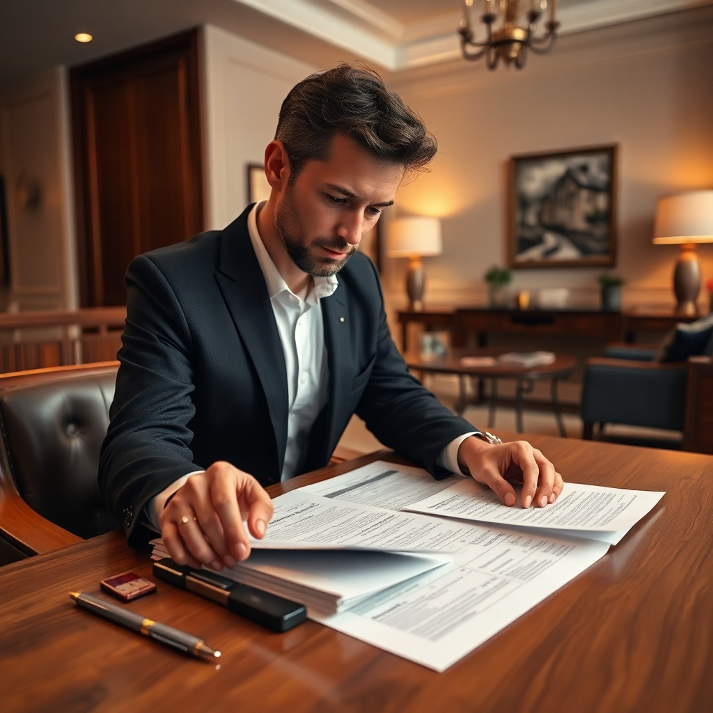 A photorealistic image, 8K resolution, hyperrealistic detail, showing a real estate appraiser carefully examining property documents at a table. Soft, warm lighting creates a professional and inviting atmosphere.  The color palette is sophisticated, featuring warm wood tones, neutral beige, and classic accents of black and gold. The appraiser is seated, and the focus is on their hands and the meticulously arranged papers, showcasing detail and meticulousness. The camera angle is slightly low, from the client's perspective, giving a sense of trust and expertise. Textures include finely textured paper, smooth wood furniture, and polished metallic details. The background subtly showcases a luxurious interior space – a stylish modern living room.  Style references classic portraiture and product photography. The overall mood is serious, professional, and trustworthy, instilling confidence in the appraisal process.