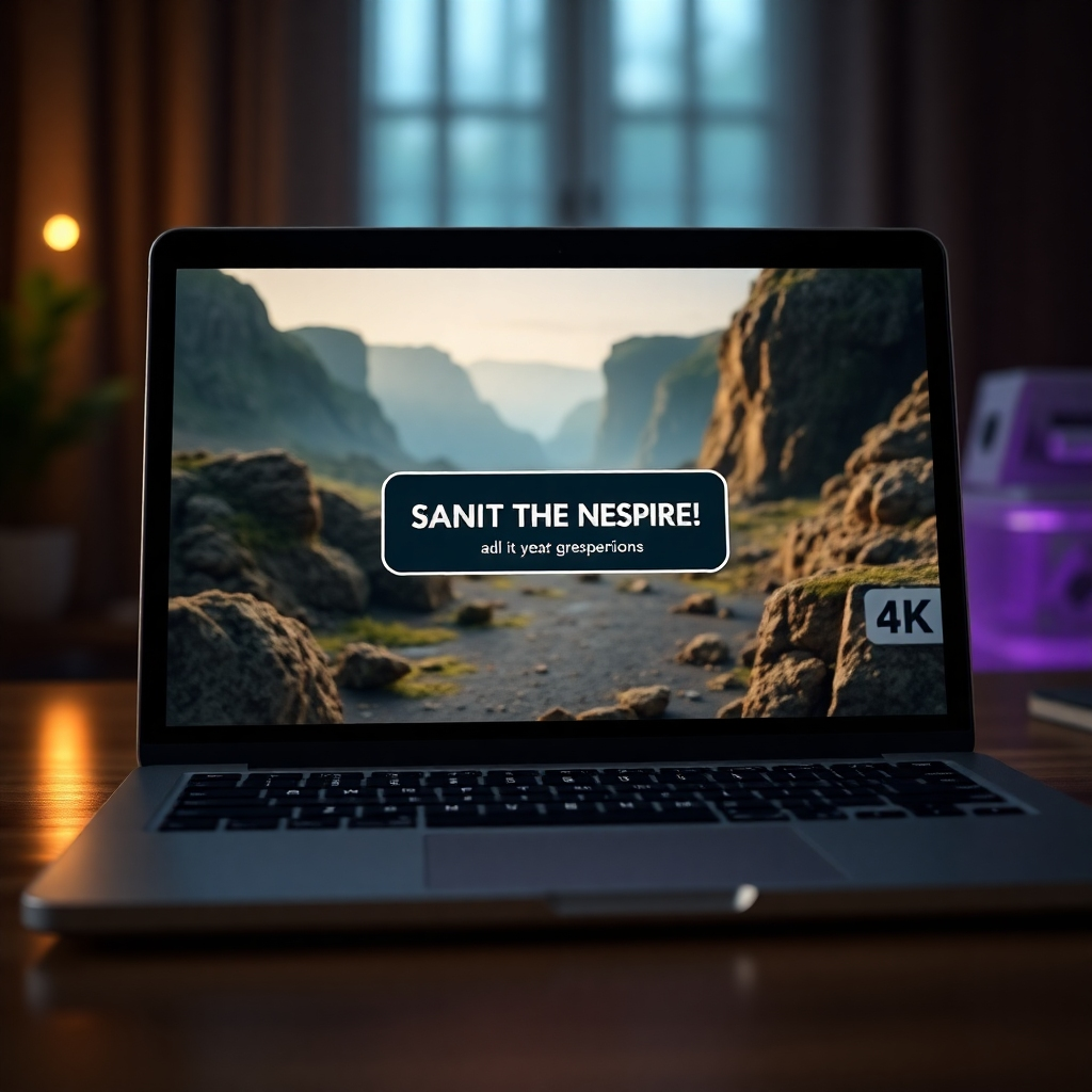 A photorealistic image depicting a laptop screen showing an interactive video with a prominent call-to-action button strategically placed at a key moment. The button should have a clear, concise message and visually appealing design. The background should show a visually engaging scene from the interactive video.