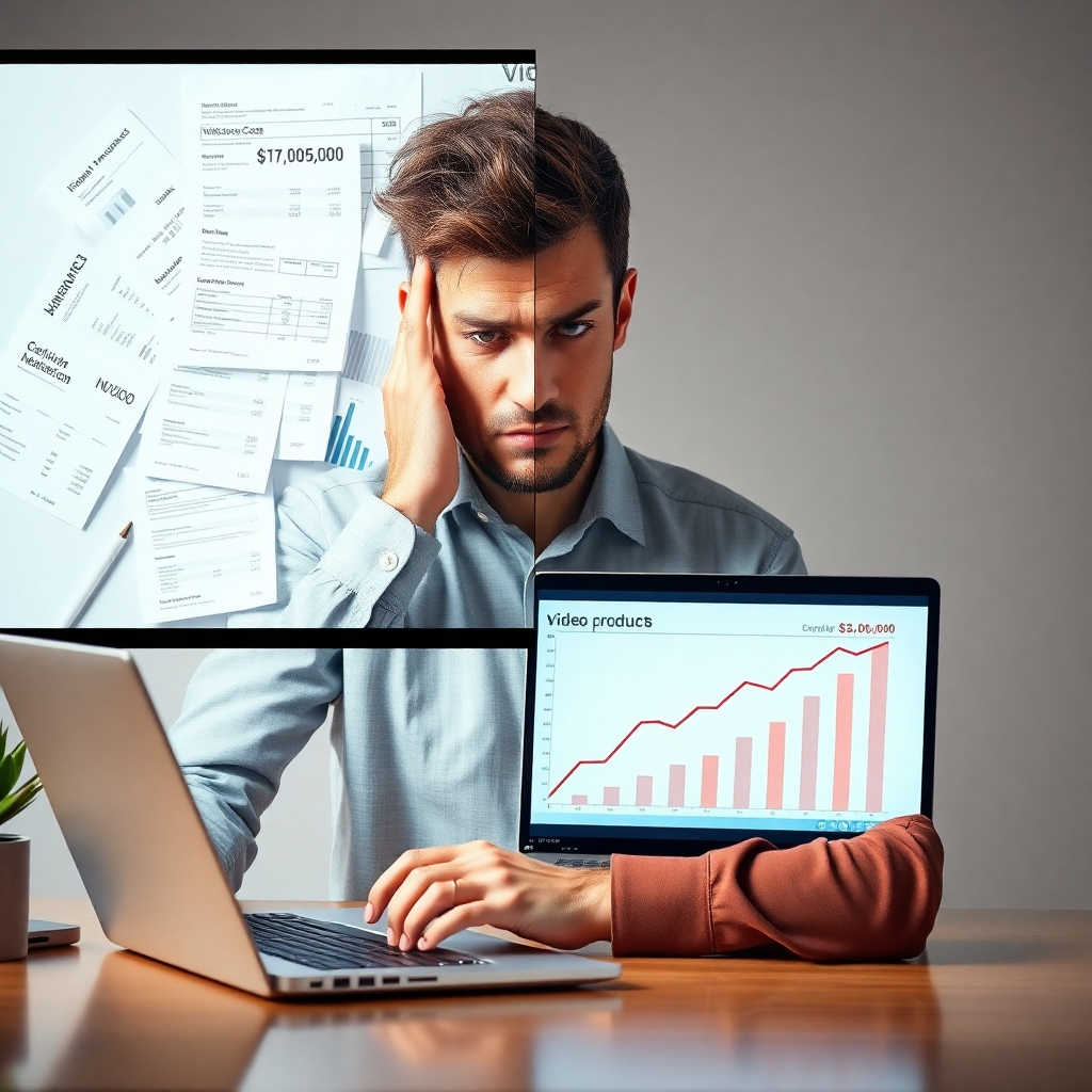 A photorealistic image depicting a split screen. One side shows a person stressed and overwhelmed by paperwork and invoices related to video production costs. The other side shows a calm and relaxed person using a video creation software on a laptop, with a graph showing significant cost reduction. The background should be neutral and professional.