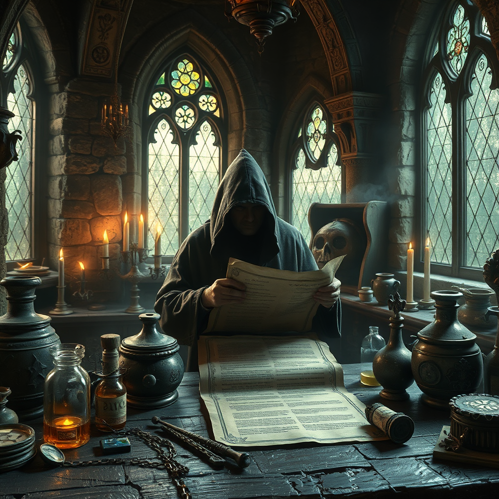 A photorealistic image depicting a medieval alchemist's workshop, filled with bubbling potions, arcane symbols, and gothic artifacts. The alchemist, cloaked in shadows, is meticulously crafting a narrative scroll. Soft, ambient light filters through stained-glass windows, casting eerie patterns on the scene. Focus on the textures of aged parchment, weathered stone, and shimmering liquids.