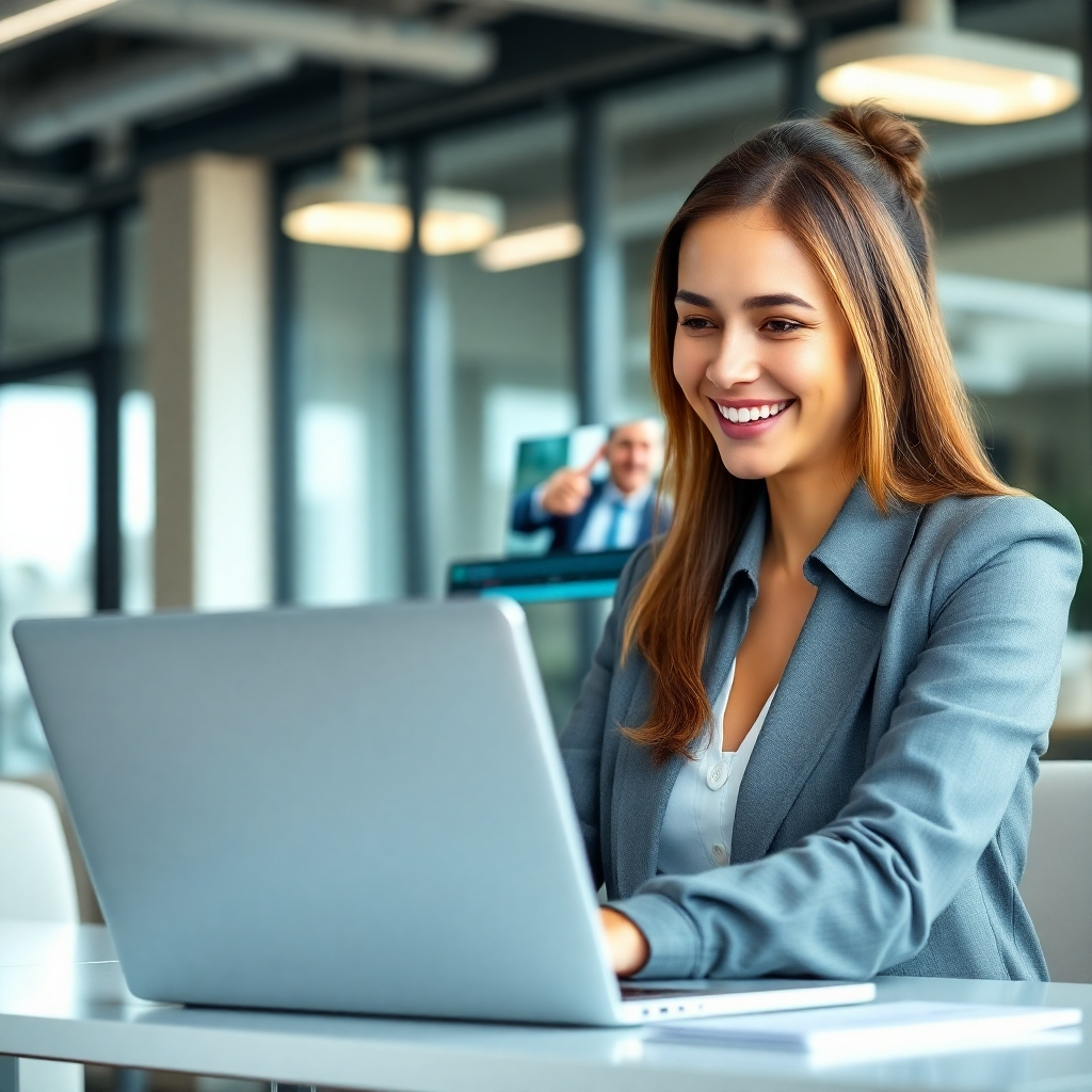 A photorealistic image of a businesswoman smiling and looking at her laptop, which displays a video editing software interface showing a partially finished video with a progress bar indicating fast processing. The background should be a modern, bright office setting, subtly suggesting efficiency and productivity. The overall mood should be positive and dynamic.