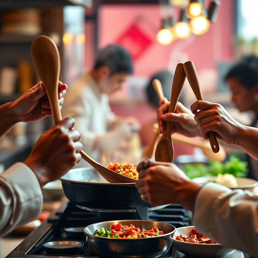 A photorealistic image of a diverse set of hands (various skin tones) using the wood look utensils in different cooking scenarios – stirring, flipping, serving. The background is a vibrant and busy kitchen environment. The lighting is warm and inviting. The image should convey the versatility and inclusivity of the utensil set. 8k resolution, hyperrealistic.