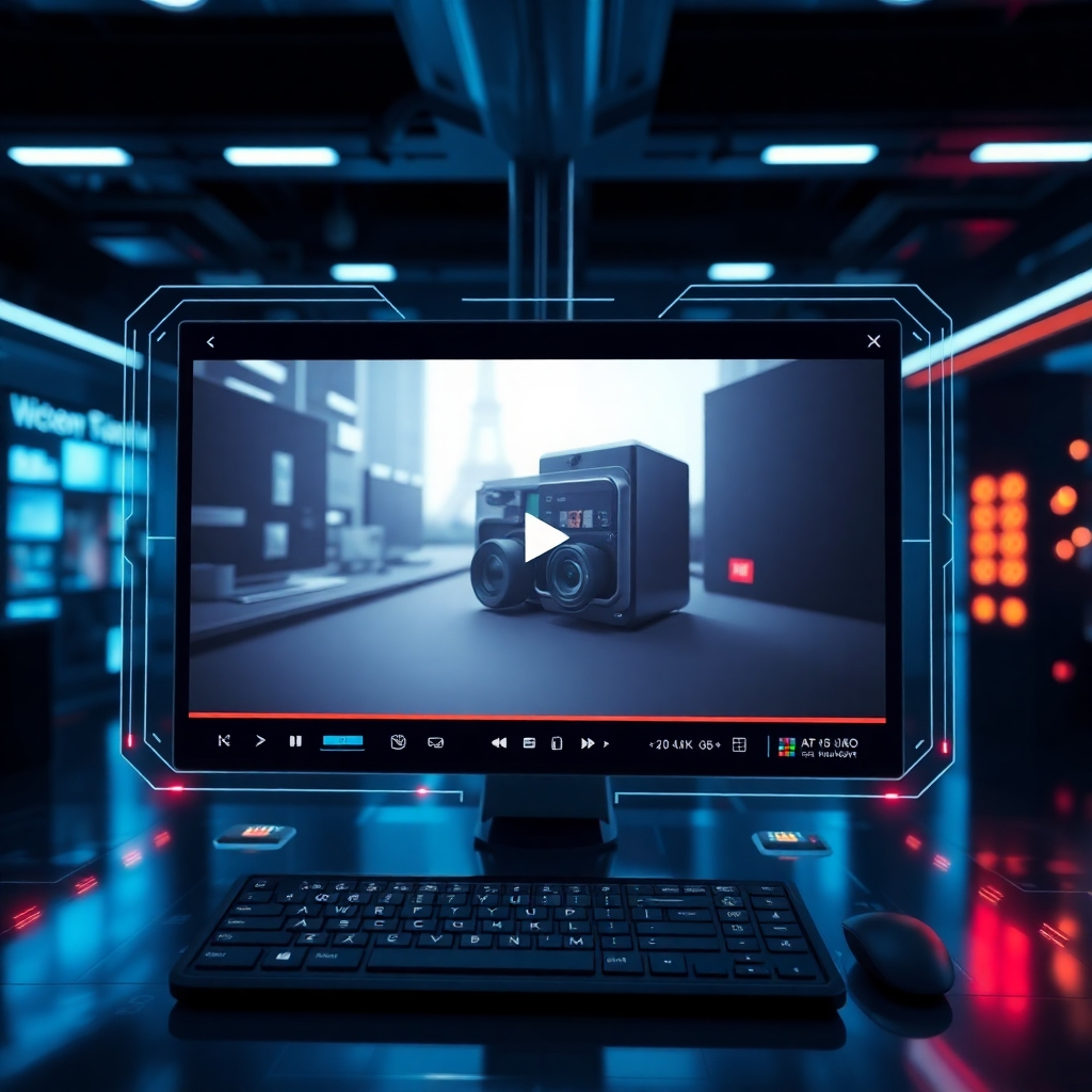A photorealistic image of a futuristic-looking AI interface showing a video being generated automatically from text input.  The video should be of high quality and showcase a niche product. The overall ambiance should suggest ease of use and technological advancement.