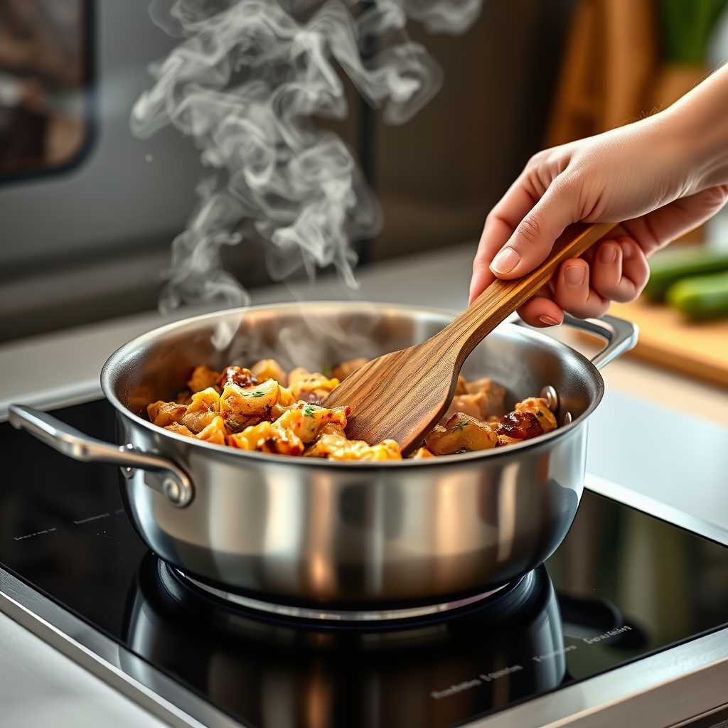 A photorealistic image of a person using a wood look spatula to stir food in a stainless steel pan. The pan is on a modern induction cooktop. Steam rises gently from the food. Focus is on the interaction between the utensil and the food, highlighting the utensil's functionality and the warmth of the kitchen environment. 8k resolution, hyperrealistic.