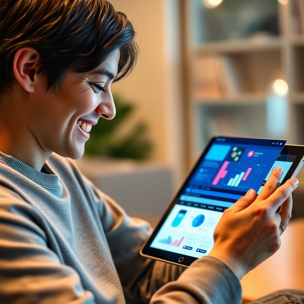 A photorealistic image of a person smiling and attentively watching an interactive video on a tablet.  The video content should be educational, and visual elements like charts, graphs, or animated explanations should be visible.  The scene should convey a positive and engaging learning experience.