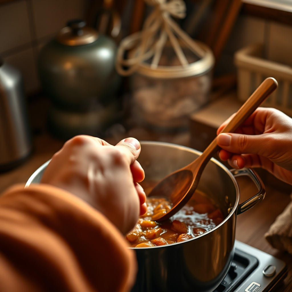 A photorealistic image of a person's hands gently stirring a pot of simmering food with a wood look spoon. The lighting is warm and inviting, creating a sense of comfort and nourishment. The focus is on the connection between the hands, the utensil, and the food. The background is a cozy, lived-in kitchen. 8k resolution, hyperrealistic.