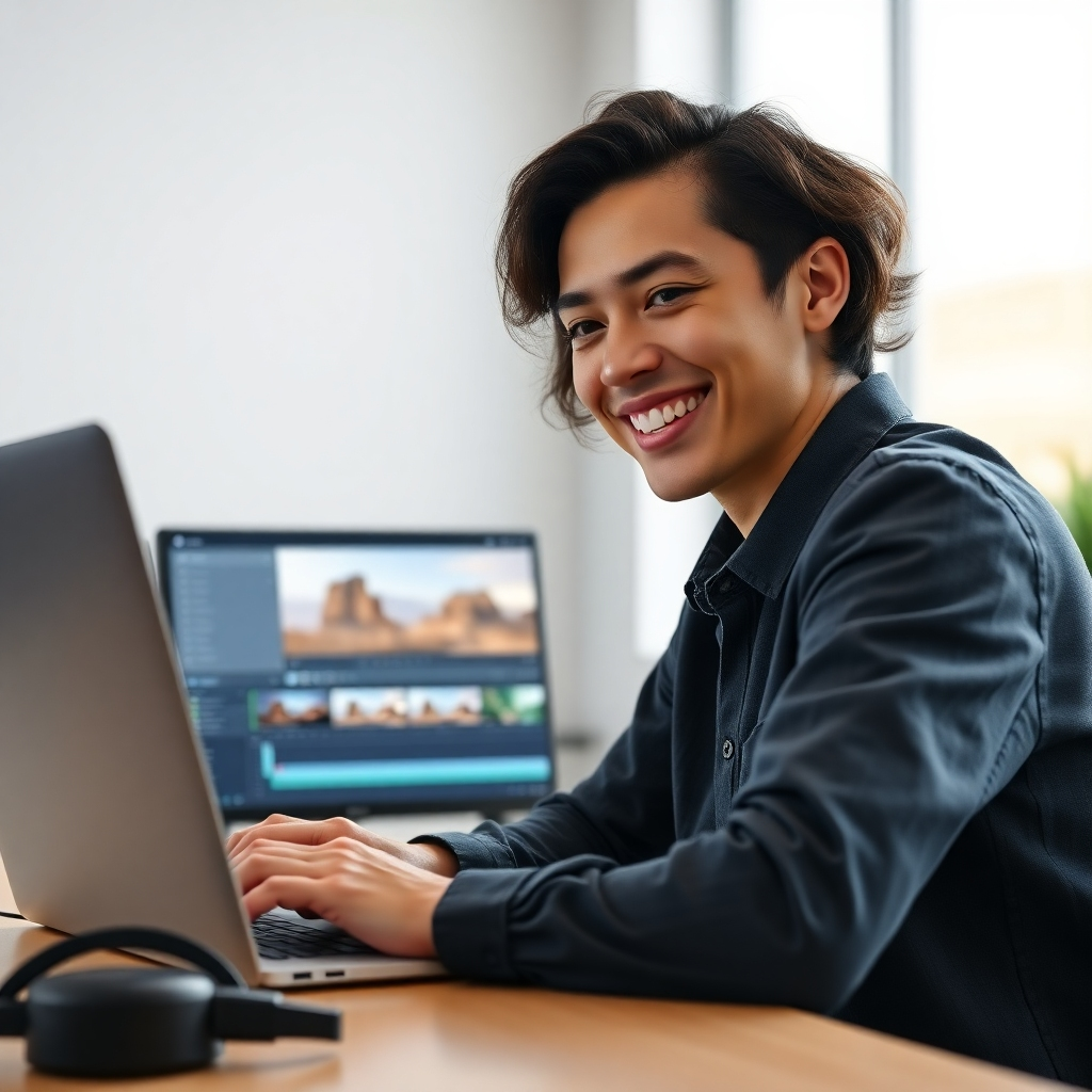 A photorealistic image of a person smiling and looking at a laptop screen showing a user-friendly video editing software interface with drag-and-drop functionality and pre-designed templates. The background should be a modern, minimalist office setting.  The overall mood should be positive and productive.