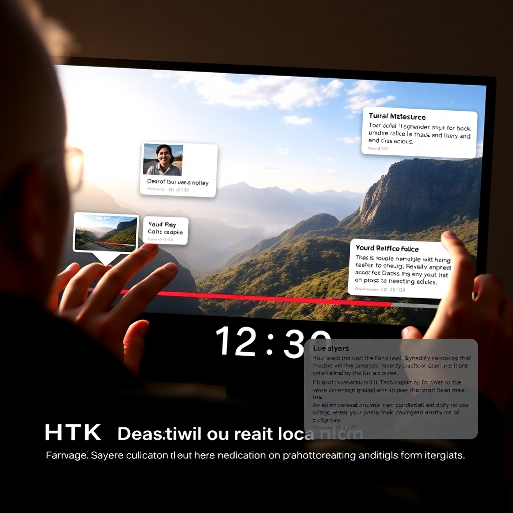 A photorealistic image of a user actively interacting with a video player.  The video shows a scenic landscape, and the player features multiple hotspots that, when hovered over, show informative pop-ups with images and text.  A countdown timer is prominently displayed, and an HTML overlay with additional details about the location is shown at the bottom. The overall scene is bright and engaging.