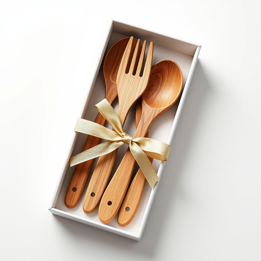 A photorealistic image of a wood look utensil set beautifully packaged in a gift box. The box is tied with a natural ribbon. The background is a clean, white surface. The lighting is bright and even, showcasing the elegance of the gift presentation. 8k resolution, hyperrealistic.