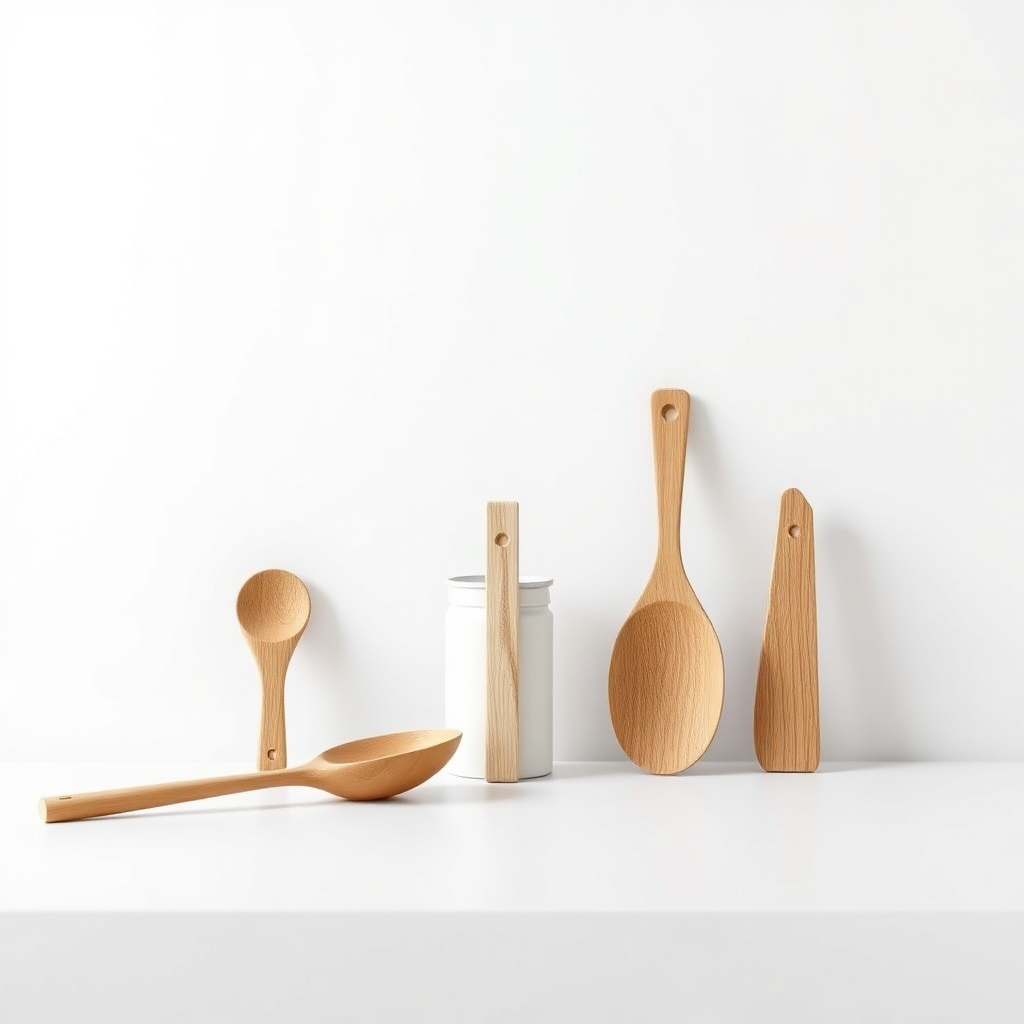 A photorealistic image of the wood look utensil set arranged in a simple, minimalist composition on a clean white surface. The background is a plain white wall. The lighting is soft and diffused. The image should convey a sense of calm and simplicity. 8k resolution, hyperrealistic.