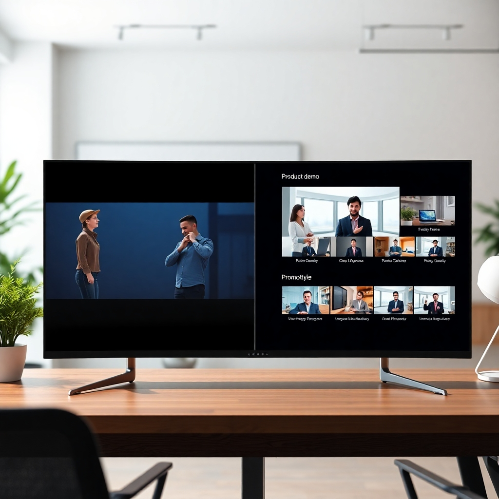 A photorealistic image showcasing a split screen. One side displays a variety of professional-quality videos: an animated explainer video, a product demo, and a promotional video. The other side shows the user-friendly interface with different video style options selected. The background should be a clean and modern workspace.