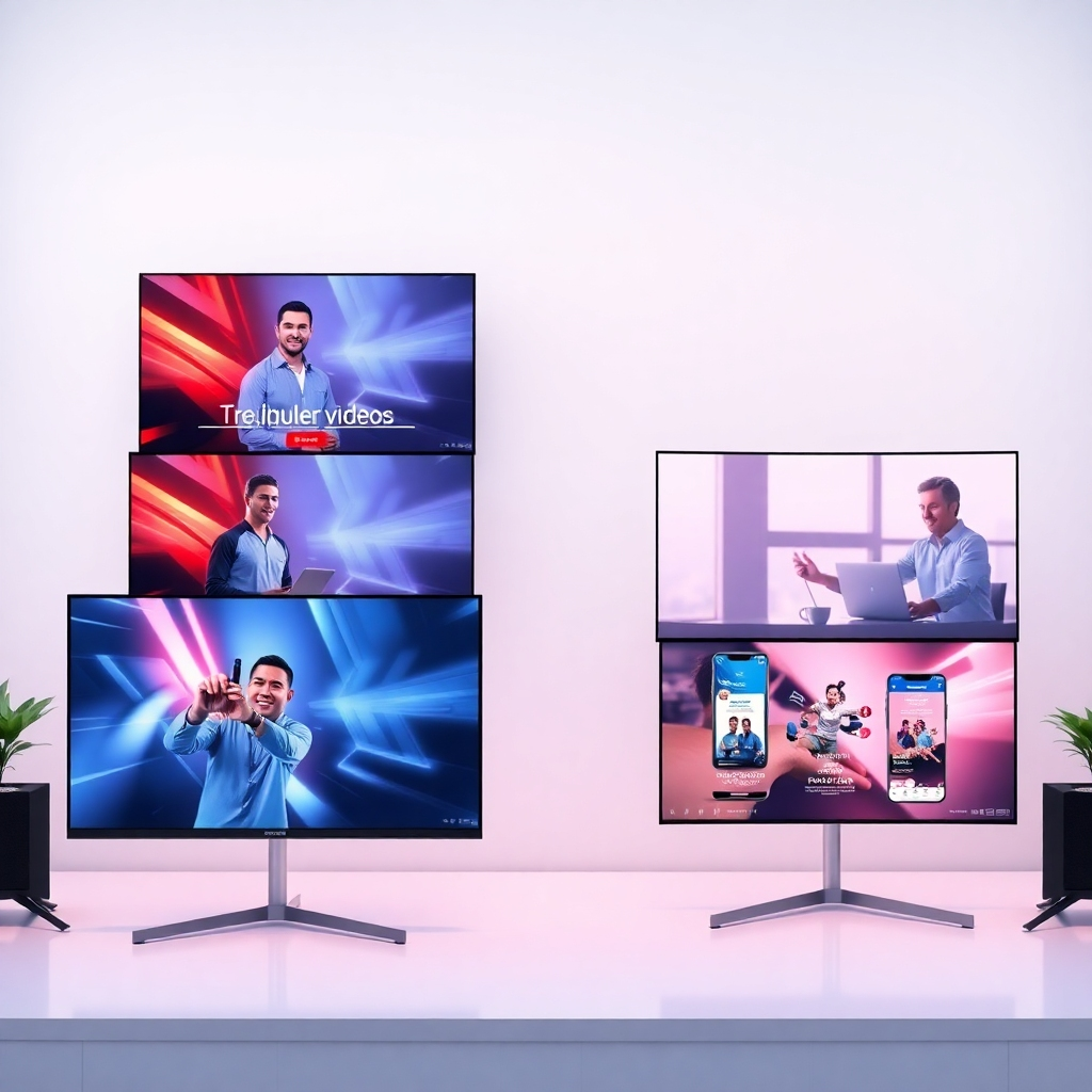 A photorealistic image showcasing various high-quality videos playing simultaneously on different screens: an explainer video, a product demo, and a social media advertisement, all with a sleek and modern aesthetic. The background should be a clean, minimalist studio setting. The overall mood should be professional and polished.