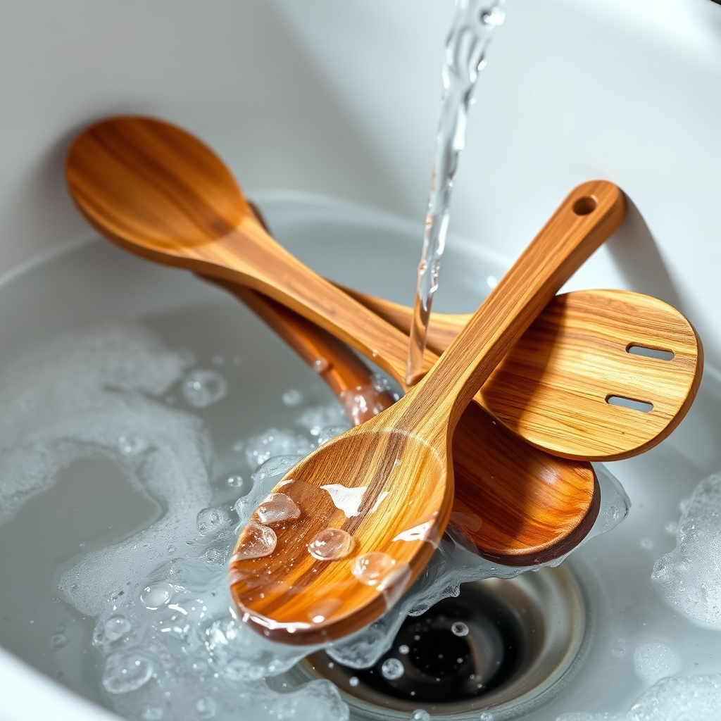 A photorealistic image showing a wood look utensil set being easily cleaned in a sink with soapy water. The lighting is bright and clean, emphasizing the ease of cleaning. Focus on the water beading off the surface of the utensils, highlighting their non-stick properties. 8k resolution, hyperrealistic.