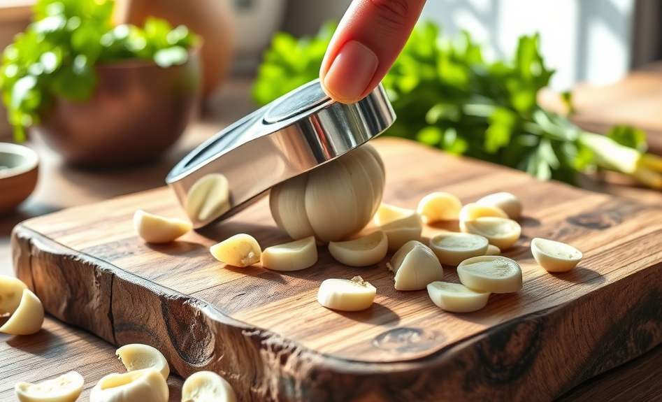 A photorealistic, ultra-high quality header image for Organik Market, showcasing the Push Garlic Crusher. The main subject is the garlic crusher in action, with a hand gently pressing it over a clove of garlic on a rustic wooden cutting board. Slices of garlic are scattered around the board. The lighting is warm and inviting, mimicking natural sunlight streaming through a kitchen window, highlighting the texture of the wood and the stainless steel of the crusher. Color palette is earthy tones with vibrant greens from fresh herbs in the background, creating a sense of organic freshness. The camera angle is a close-up, slightly overhead, focusing on the precision of the slicing. Style is hyperrealistic, aiming for a tangible, almost tactile feel. Environment should be a clean, modern kitchen with blurred elements in the background to keep focus on the product. Technical specs: 8K resolution, hyperrealistic rendering.
