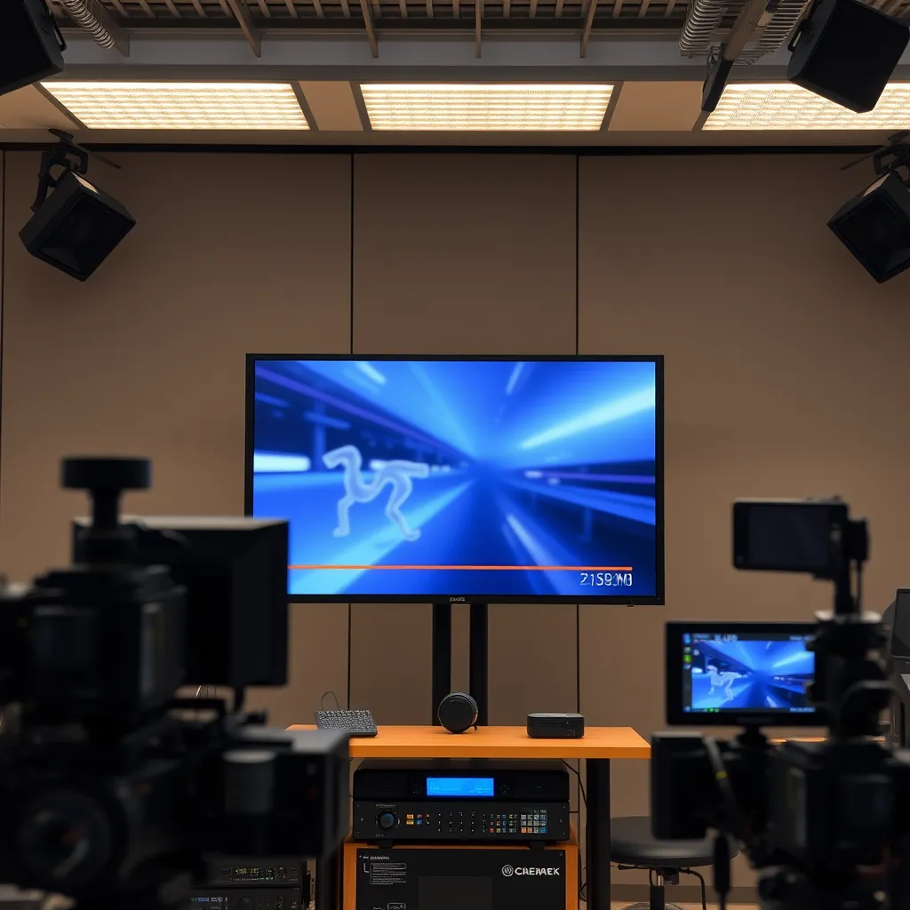 A professional-looking video or animation playing on a large screen, with a clear and crisp visual style. The screen could be placed in a modern office or studio setting, surrounded by high-tech equipment, showcasing the level of professionalism and quality that can be achieved.