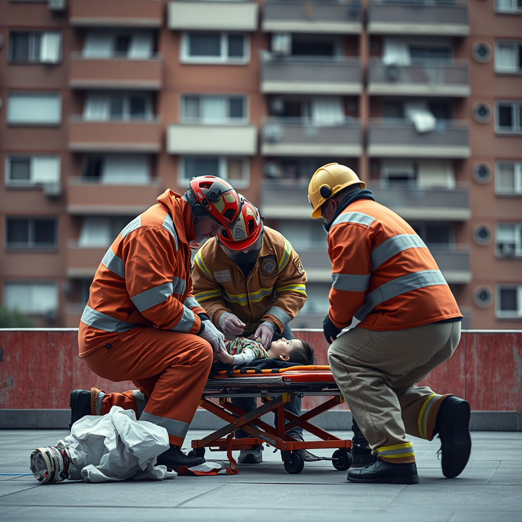 Emergency responders attending to a child after a fall.