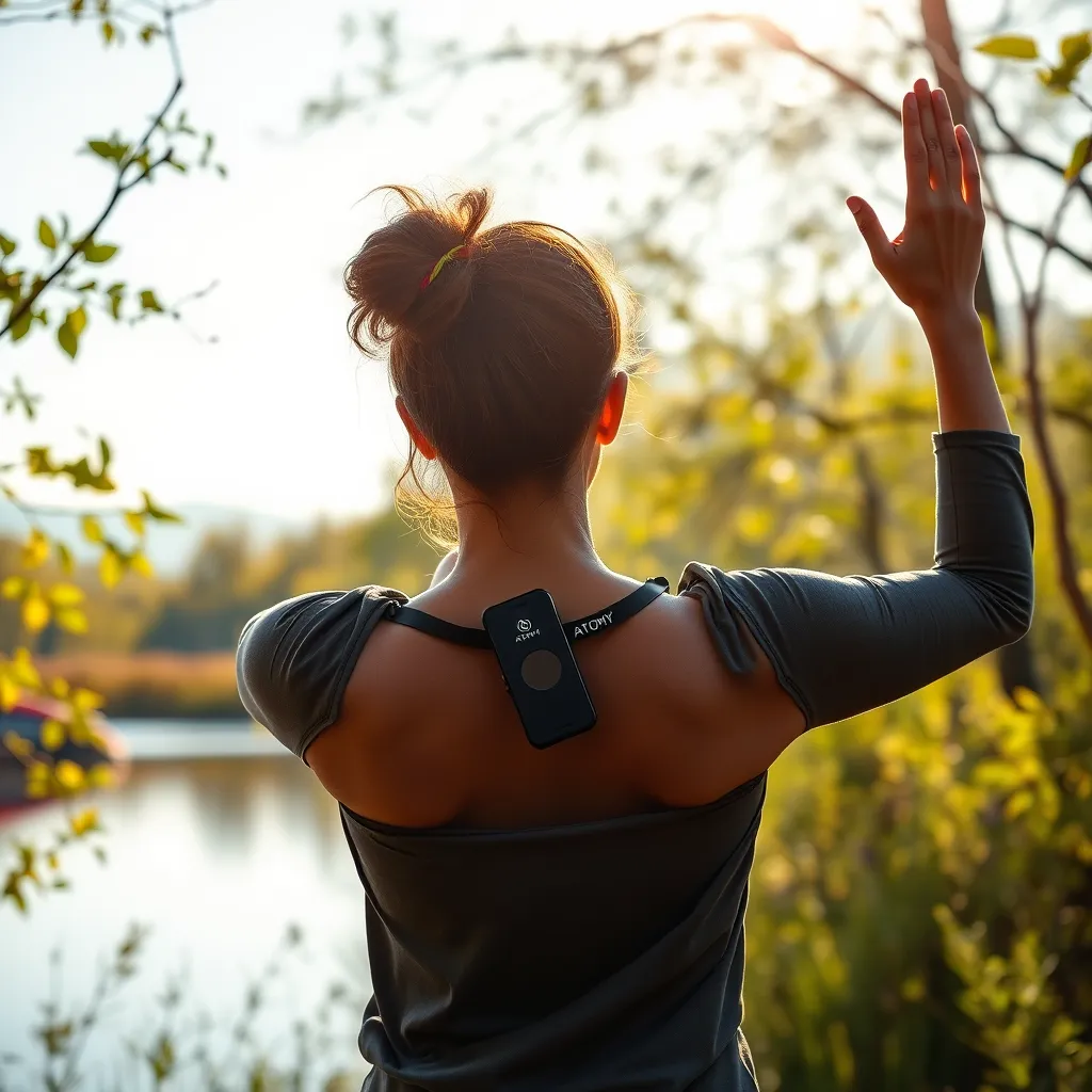 Doğayla çevrili, açık havada yoga yapan bir kişinin dingin görüntüsü. Şirketin sağlıklı bir yaşam tarzını desteklemedeki rolünü simgeleyen bir Atomy ürünü tutuyorlar. Görüntü, sakinlik, uyum ve esenlik duygusu uyandırmalıdır.