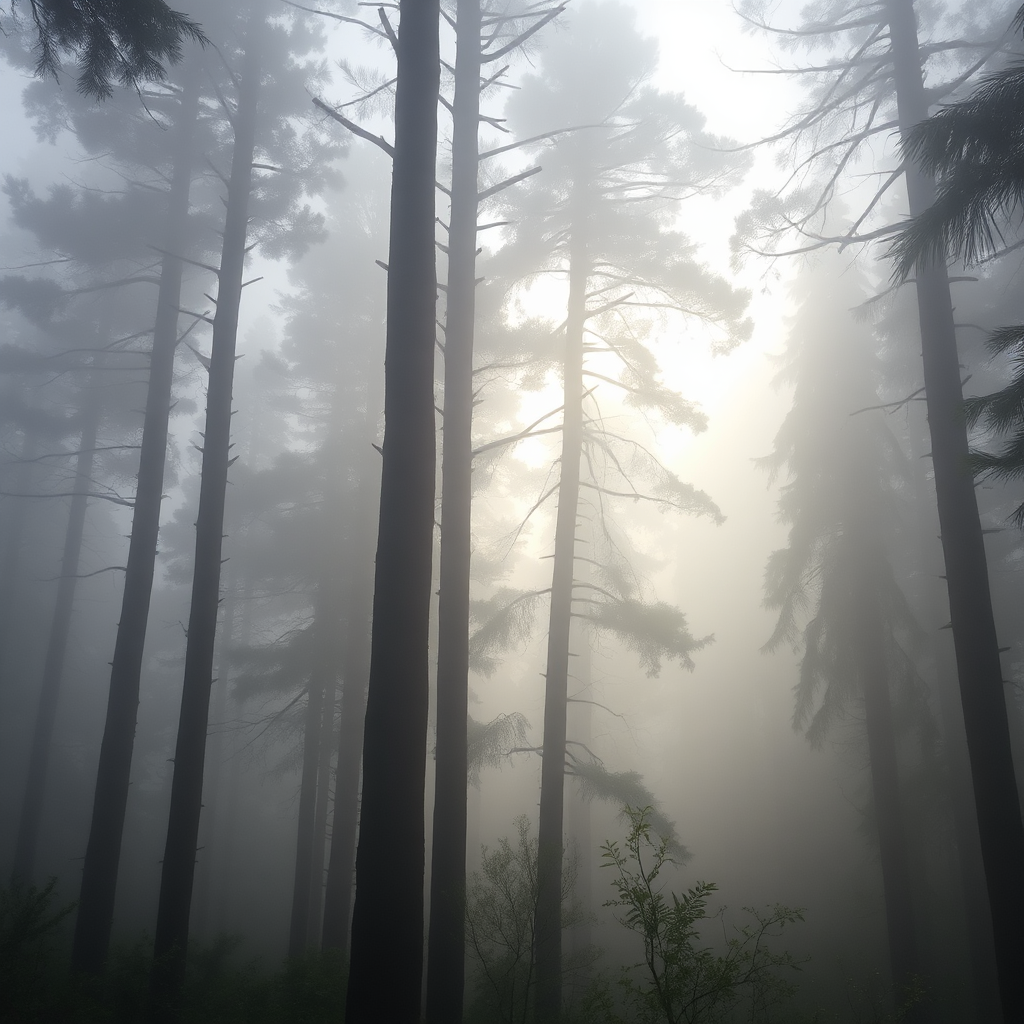 Misty forest with ancient trees