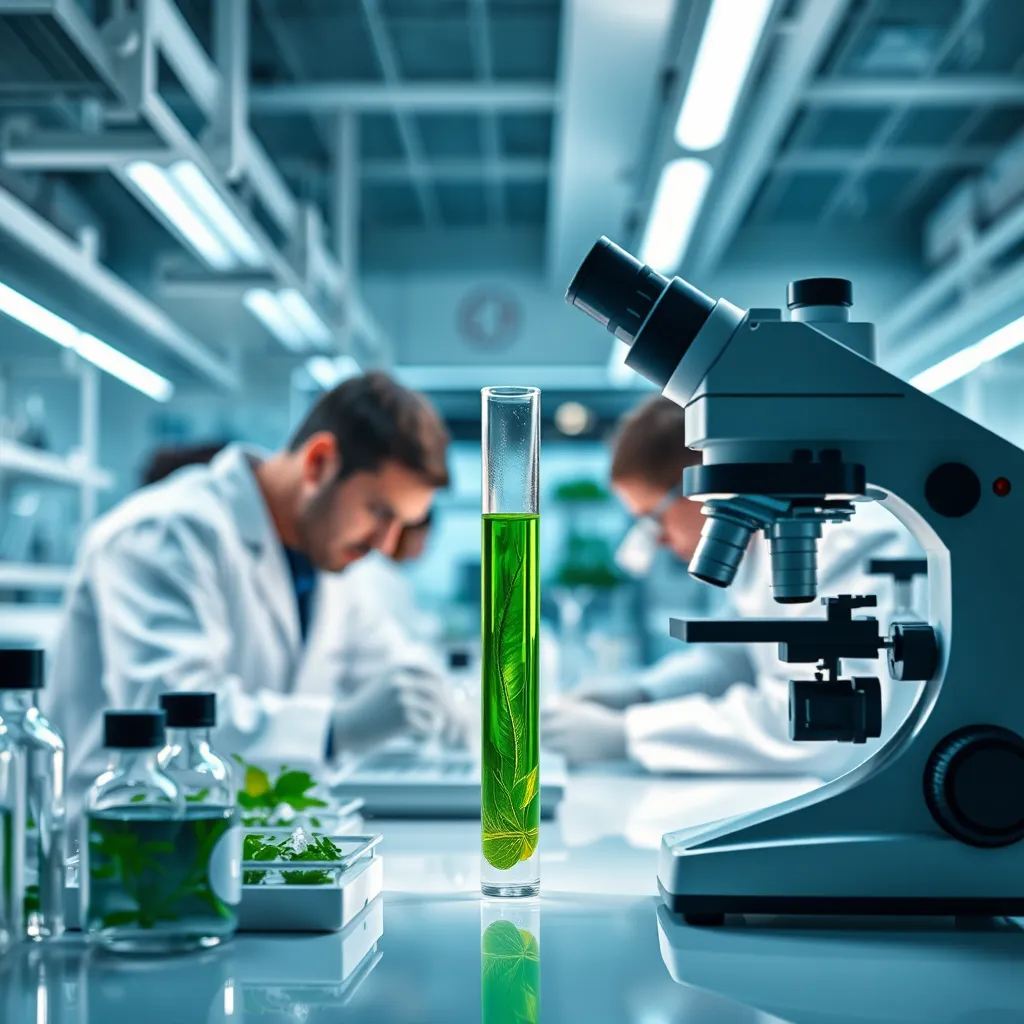 Beyaz önlüklü bilim insanlarının bitki örneklerini dikkatlice analiz ettiği şık bir laboratuvar ortamı. Ön planda, canlı yeşil bir sıvıyla dolu bir test tüpü mikroskop altında inceleniyor. Laboratuvar, son teknoloji ekipmanlara ve modern, temiz bir tasarıma sahip.