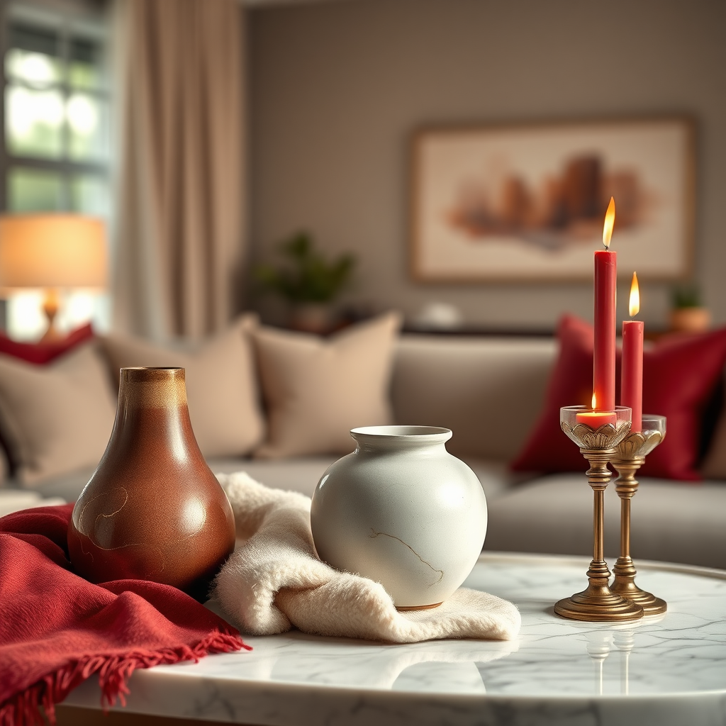 A softly lit, photorealistic image showcasing a curated collection of luxury home accents arranged on a marble tabletop. Include a handcrafted ceramic vase with delicate gold accents, a plush cashmere throw draped elegantly, and a set of scented candles in ornate glass holders. The background should feature a blurred view of a stylish living room with warm lighting. The color palette should emphasize muted reds and golds, conveying a sense of understated elegance and comfort. The image should evoke a feeling of warmth, sophistication, and the joy of creating a beautiful home.