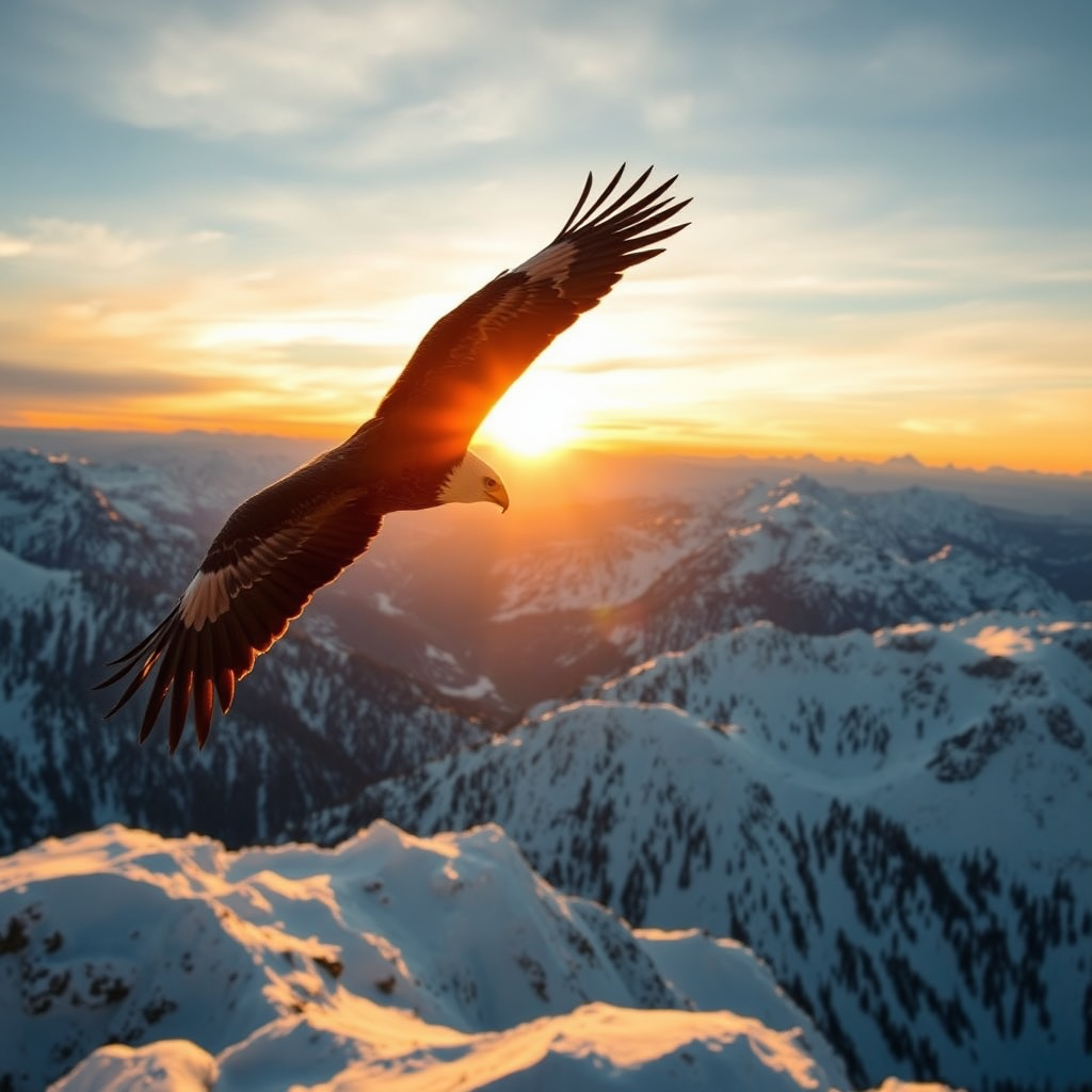 Eagle soaring above snow-capped mountains at sunset