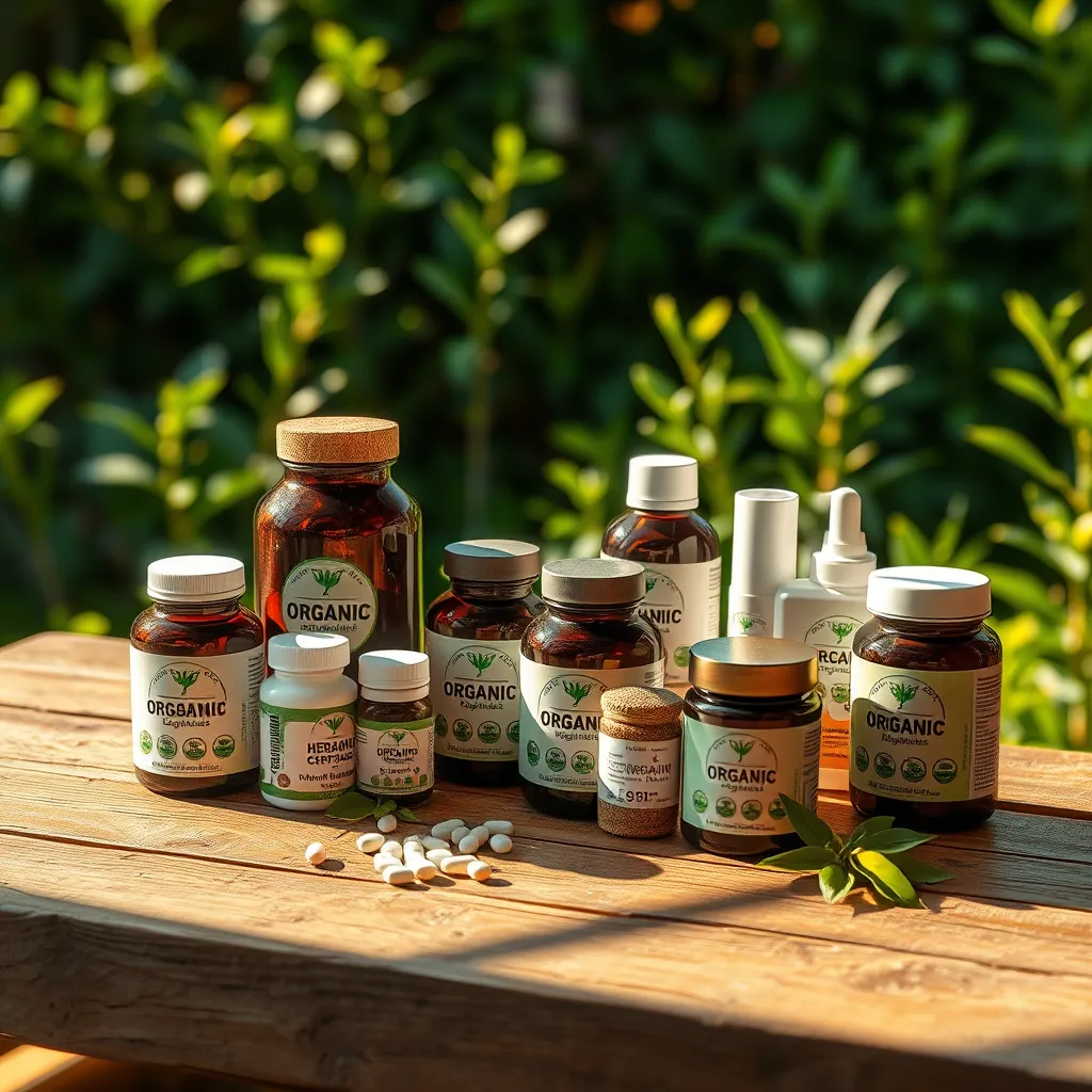Organik Market'in bitkisel tabletler, takviyeler ve cilt bakım ürünleri dahil olmak üzere organik sertifikalı ürünlerinin bir yelpazesini sergileyen çarpıcı, yüksek çözünürlüklü bir görüntü. Ürünler, yumuşak gölgeler oluşturan sıcak, doğal ışıkla yıkanmış rustik bir ahşap masanın üzerine yerleştirilmiştir. Odak noktası, organik sertifika etiketlerine vurgu yapılarak ürün ambalajını sergilemektir. Arka plan, doğa ve saflık duygusunu ileten yemyeşil bir bahçenin bulanık bir görüntüsüdür. Renk paleti, toprak tonları ve canlı yeşilin patlamalarıyla sıcak ve davetkardır. Aydınlatma yumuşak ve dağınıktır, huzur ve doğal güzellik duygusu yaratır. Genel estetik, ürünlerin yüksek kalitesini ve doğal kökenlerini yansıtan minimalist ve temiz olmalıdır. Kamera açısı hafifçe açılıdır, ürünleri ve bahçe arka planını dinamik ve görsel olarak çekici bir şekilde yakalar. Görüntü, ahşabın dokusunu, cam kavanozları ve organik sertifika etiketlerini yakalayarak oldukça ayrıntılı olmalıdır. Görüntü, organik güzelliğin ve doğal sağlığın mükemmel bir örneği olmalıdır.