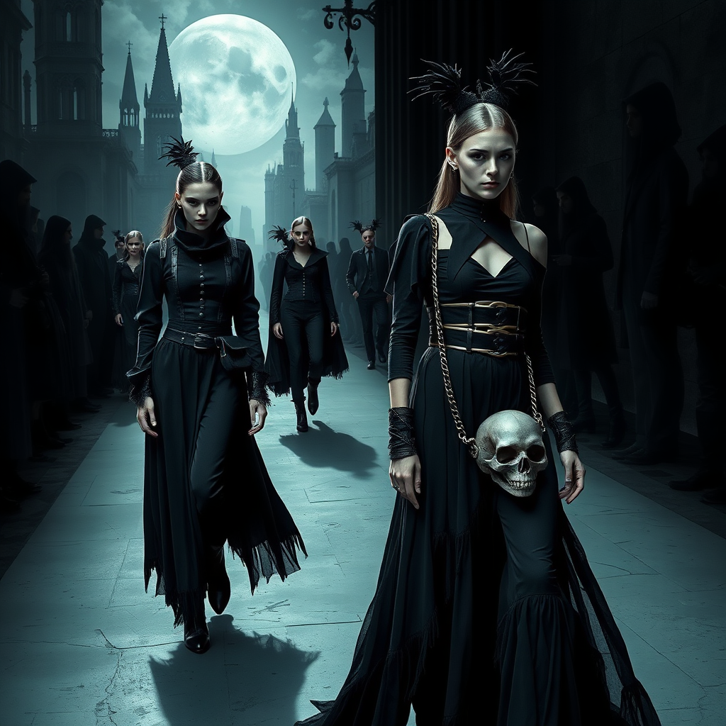 A stylized image depicting a surreal, avant-garde fashion show. Models wearing dark, unconventional clothing are showcasing gothic accessories, including a striking skull bag. The background is a distorted cityscape with gothic architecture and shadowy figures. The lighting is dramatic and theatrical, with a focus on creating a sense of unease and intrigue.