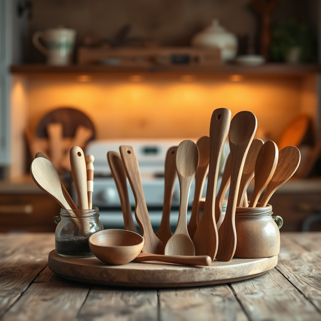 A stylized image featuring a collection of wood look utensils arranged artfully on a rustic wooden table. The background is a blurred, warm-toned kitchen. The lighting is soft and inviting, creating a cozy atmosphere. The image should emphasize the aesthetic appeal of the utensils as decorative objects. Consider a slightly desaturated color palette for a vintage feel. 8k resolution.