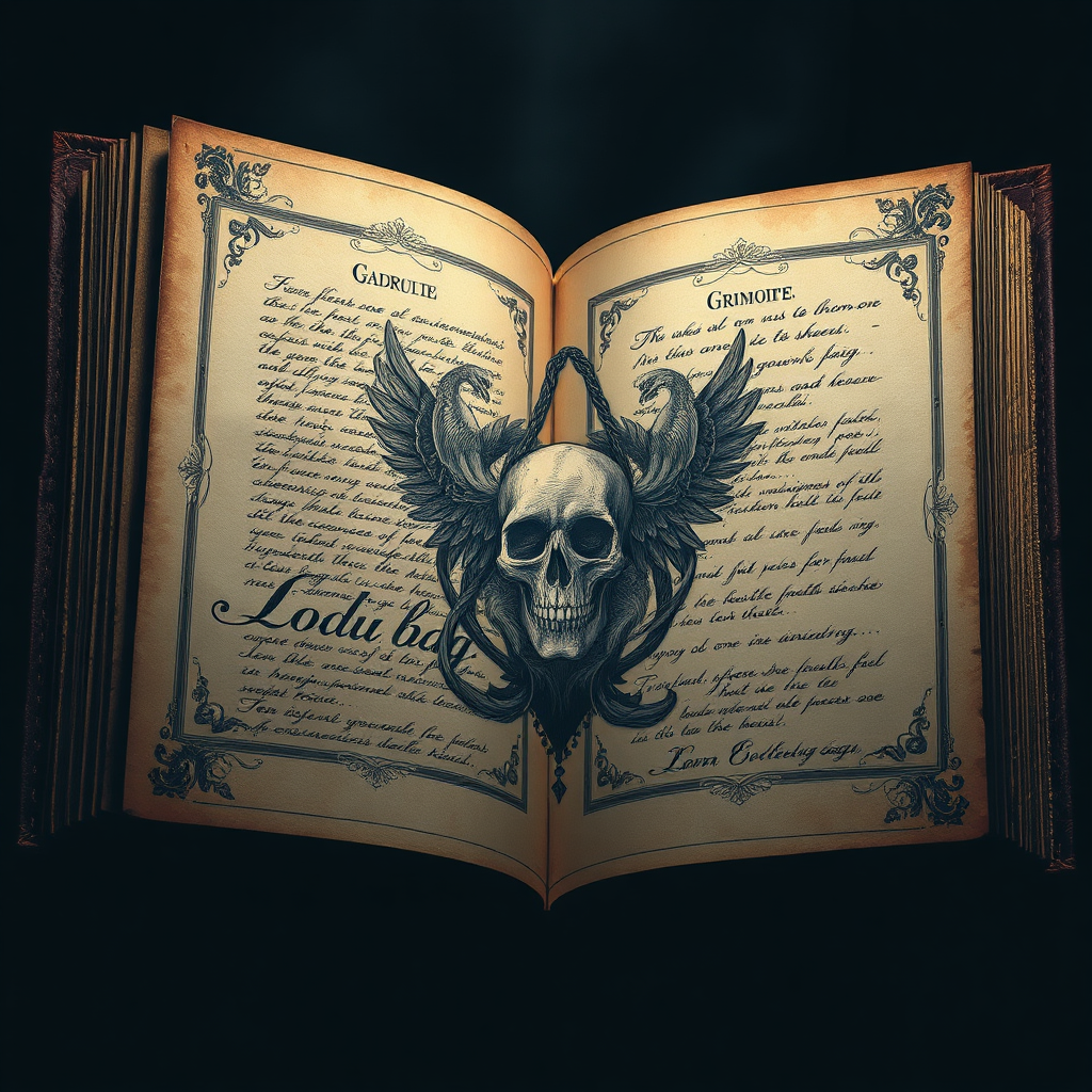 A stylized image resembling an old, leather-bound grimoire open to a page displaying a hauntingly beautiful illustration of a gothic skull bag. The illustration is surrounded by intricate Victorian-era embellishments and faint script. The lighting is dim, creating a mysterious and ethereal atmosphere. Colors should be muted and aged, with a focus on sepia tones and dark blues.