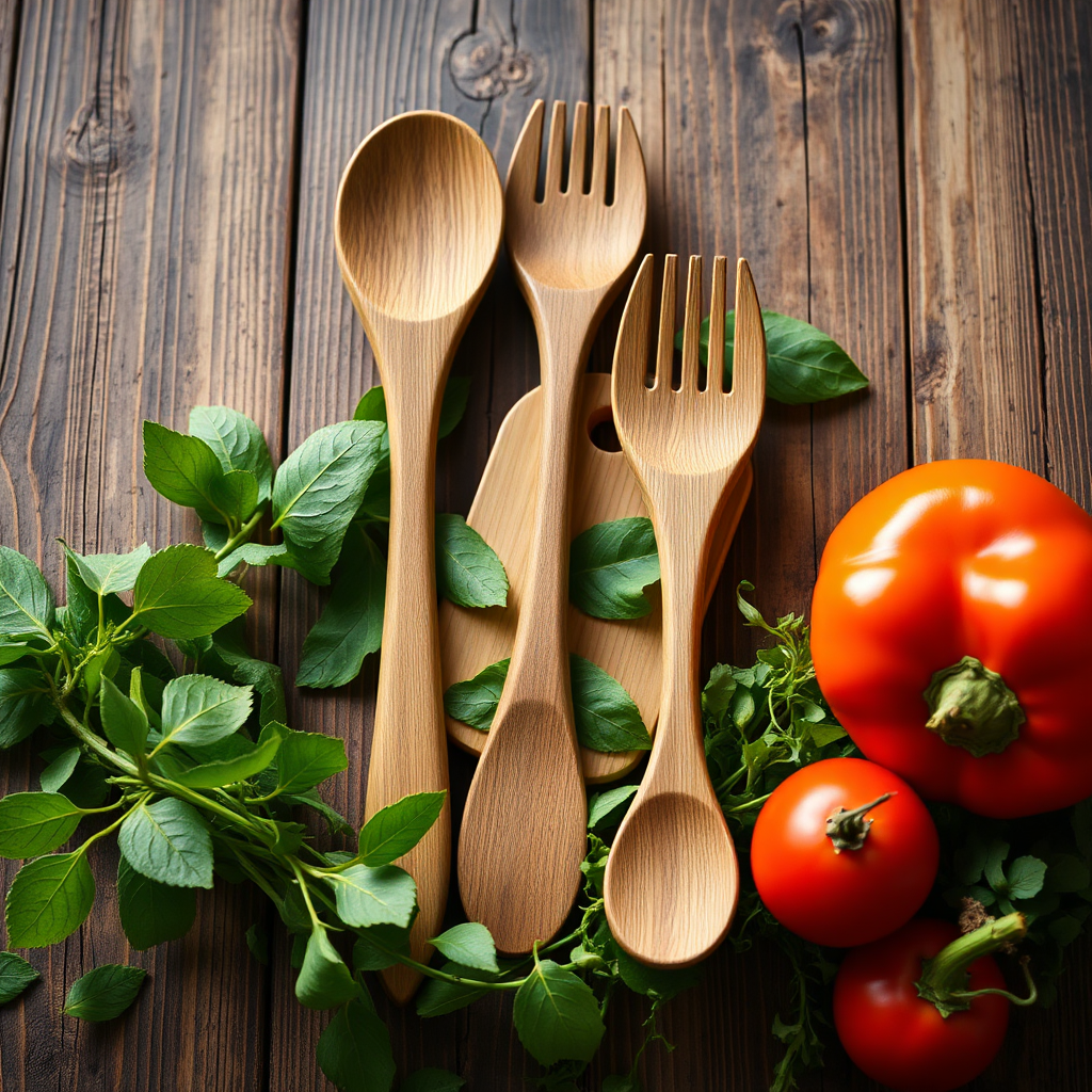 A stylized image showcasing the wood look utensils surrounded by natural elements – green leaves, small wooden cutting board, and organic vegetables. The background is a rustic wooden surface. The lighting is soft and natural. The image should convey the eco-friendly aspect of the utensils. 8k resolution.