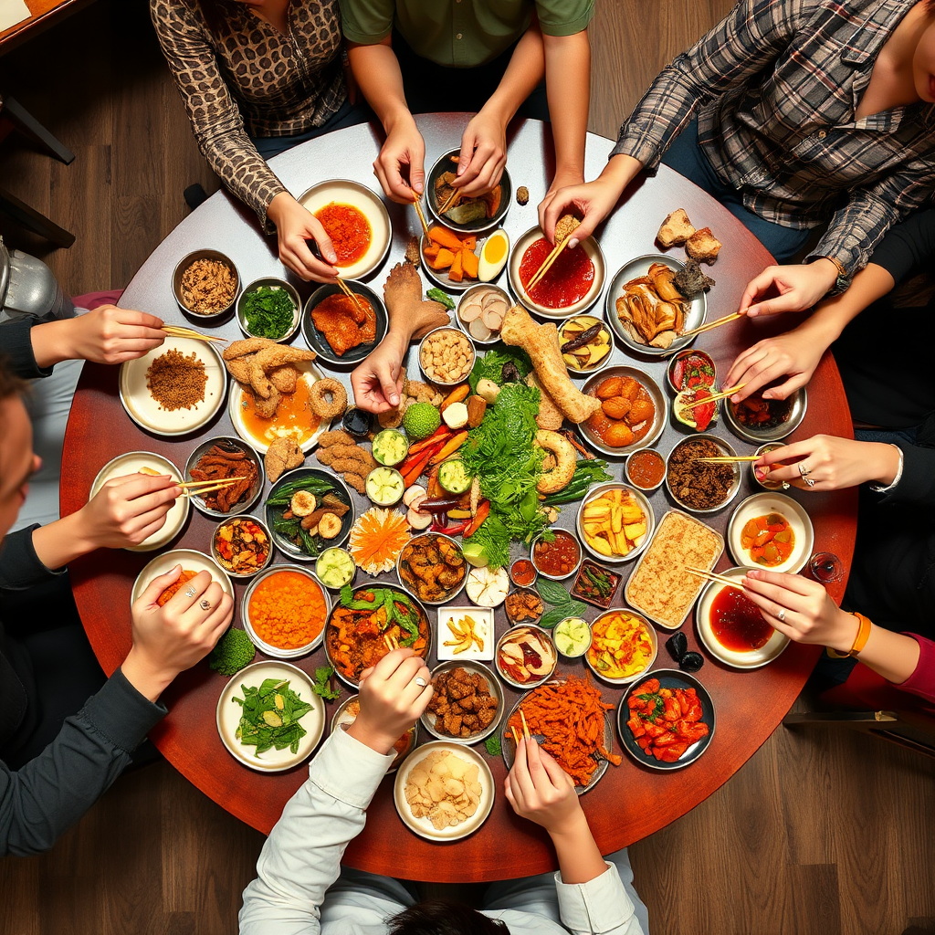 Family sharing a meal at a large round table