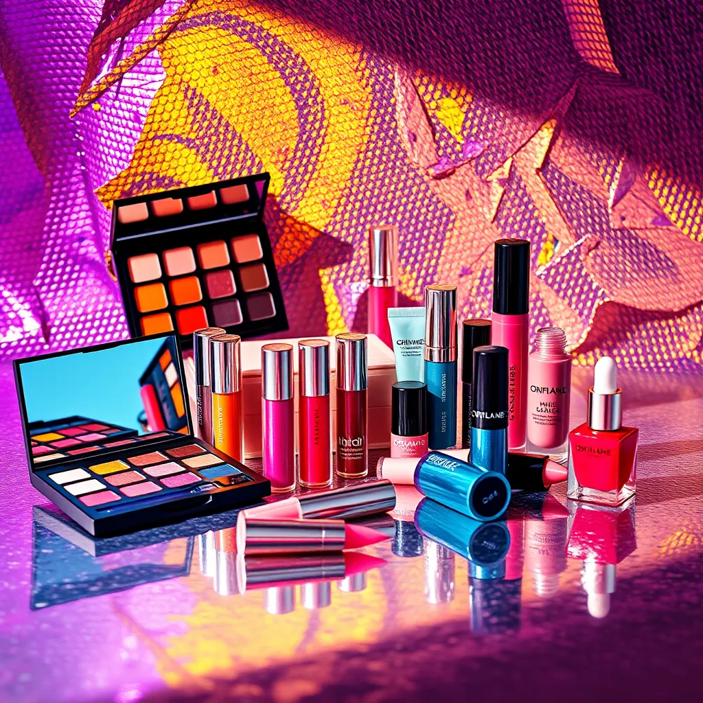 Oriflame makyaj ürünlerinin çeşitli yelpazesini, cesur göz farı paletleri, ışıltılı dudak parlatıcıları ve renkli oje gibi, yaratıcı ve sanatsal bir şekilde düzenlenmiş canlı, soyut bir görüntü. Arka plan, ışığı yansıtan dokulu, metalik bir yüzeydir.