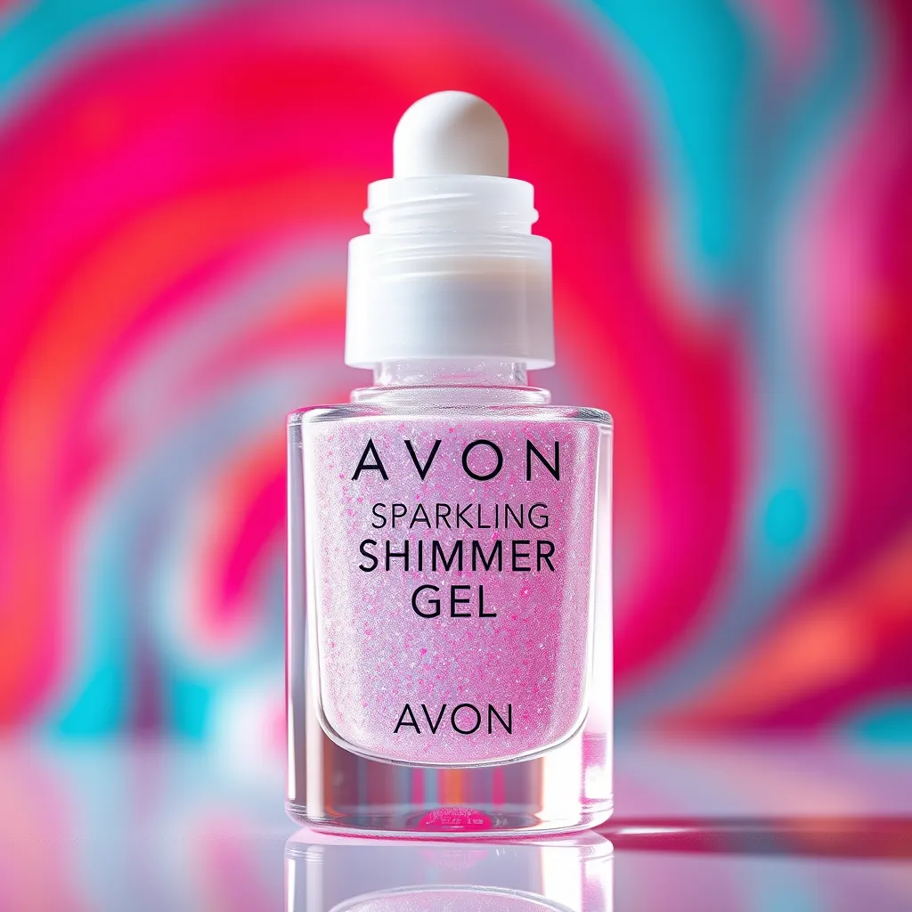 Avon'un 'Sparkling Shimmer Gel' ürününün dokusunu ve ışıltısını sergileyen, şeffaf bir şişedeki canlı, yakın çekim fotoğrafı. Arka plan, jele tamamlayıcı renklerde bulanık, soyut bir tasarım olmalı ve benzersiz ve göz alıcı doğasını vurgulamalıdır.