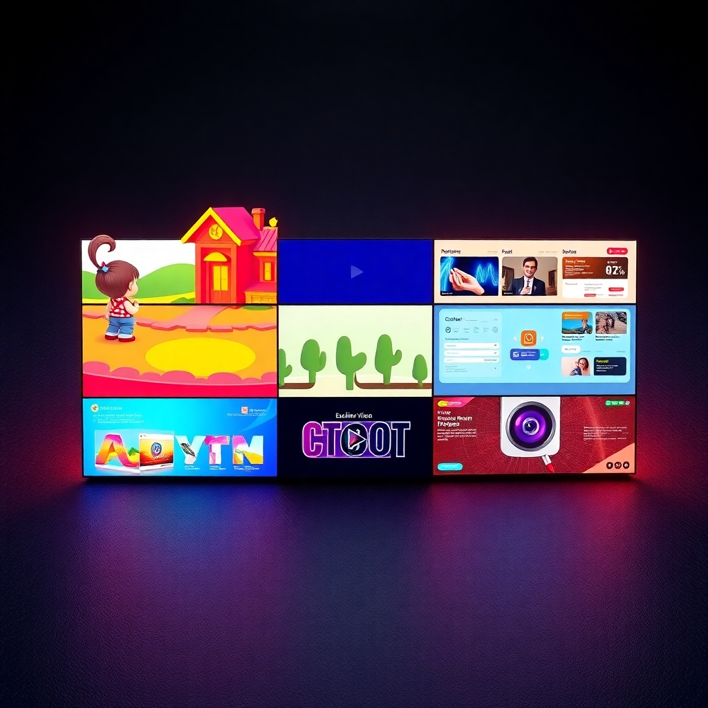 A vibrant and dynamic composition showcasing various video styles in a single frame.  The image should be photorealistic with 8K resolution and ultra-detailed textures. Three distinct sections, representing animation, explainer video, and product demo, are clearly visible.  The animation section features a cartoon character interacting with a bright, whimsical environment.  The explainer video section shows a modern infographic with smooth motion graphics.  The product demo section shows a high-quality close-up of a product with seamless transitions.  Dramatic side lighting gives a high-contrast look, enhancing the visual separation between different styles.  The color palette is bright and diverse, reflecting the variety of styles. Each section has its own unique, consistent color scheme. The camera angle is slightly elevated, offering a bird's-eye view that shows all the different styles simultaneously. The background is a dark gray, subtly textured surface, allowing the colors of the videos to pop. The overall mood is dynamic, creative, and engaging.  The style references the work of Pixar animation studios for the animation section, and the modern motion graphics of leading commercial advertisement designers for the other sections.
