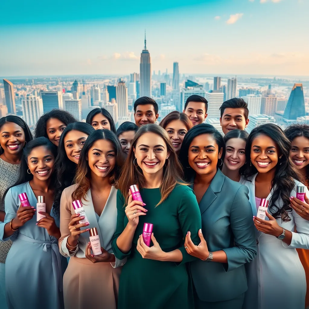 Çeşitli geçmişlere ve kültürlere sahip Oriflame danışmanlarını temsil eden, gülümseyen ve Oriflame ürünlerini güvenle tutan çeşitli bir insan grubunun canlı ve modern bir fotoğrafı. Arka plan, küresel erişim duygusunu sergileyen çeşitli mimariye sahip bir şehir silüeti olmalıdır.