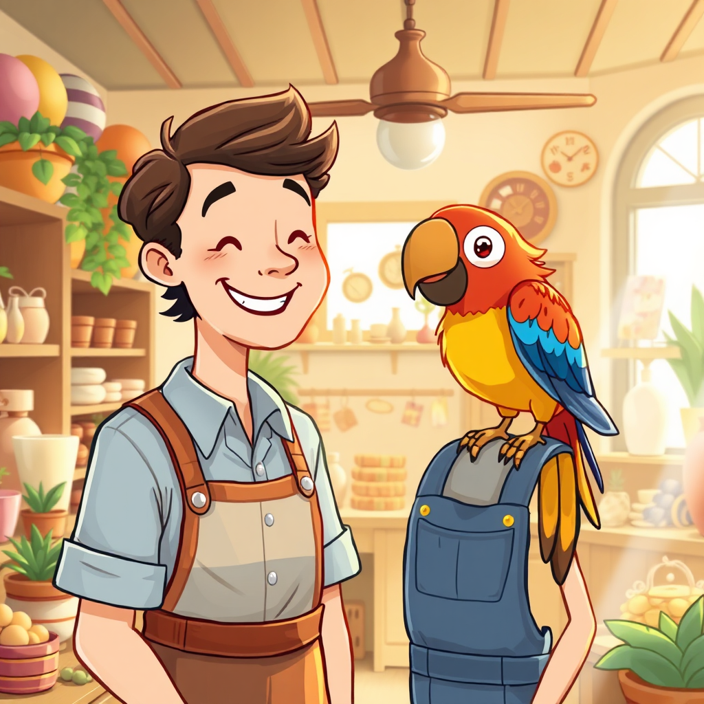 Happy parrot and shop owner