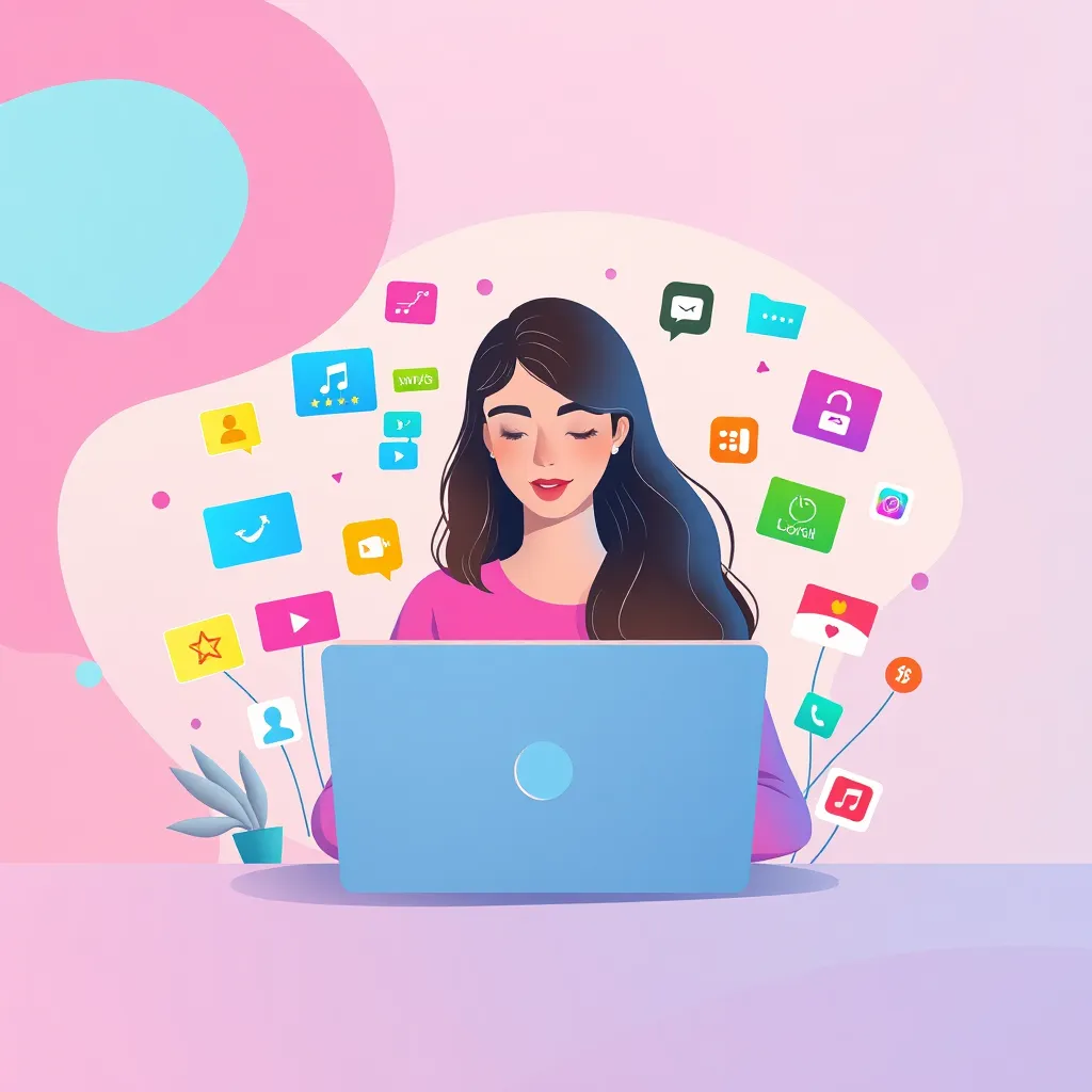 A vibrant illustration of a woman using a laptop, surrounded by colorful icons representing various online activities. The background is a soft gradient of pink and blue, with abstract shapes adding a sense of movement.